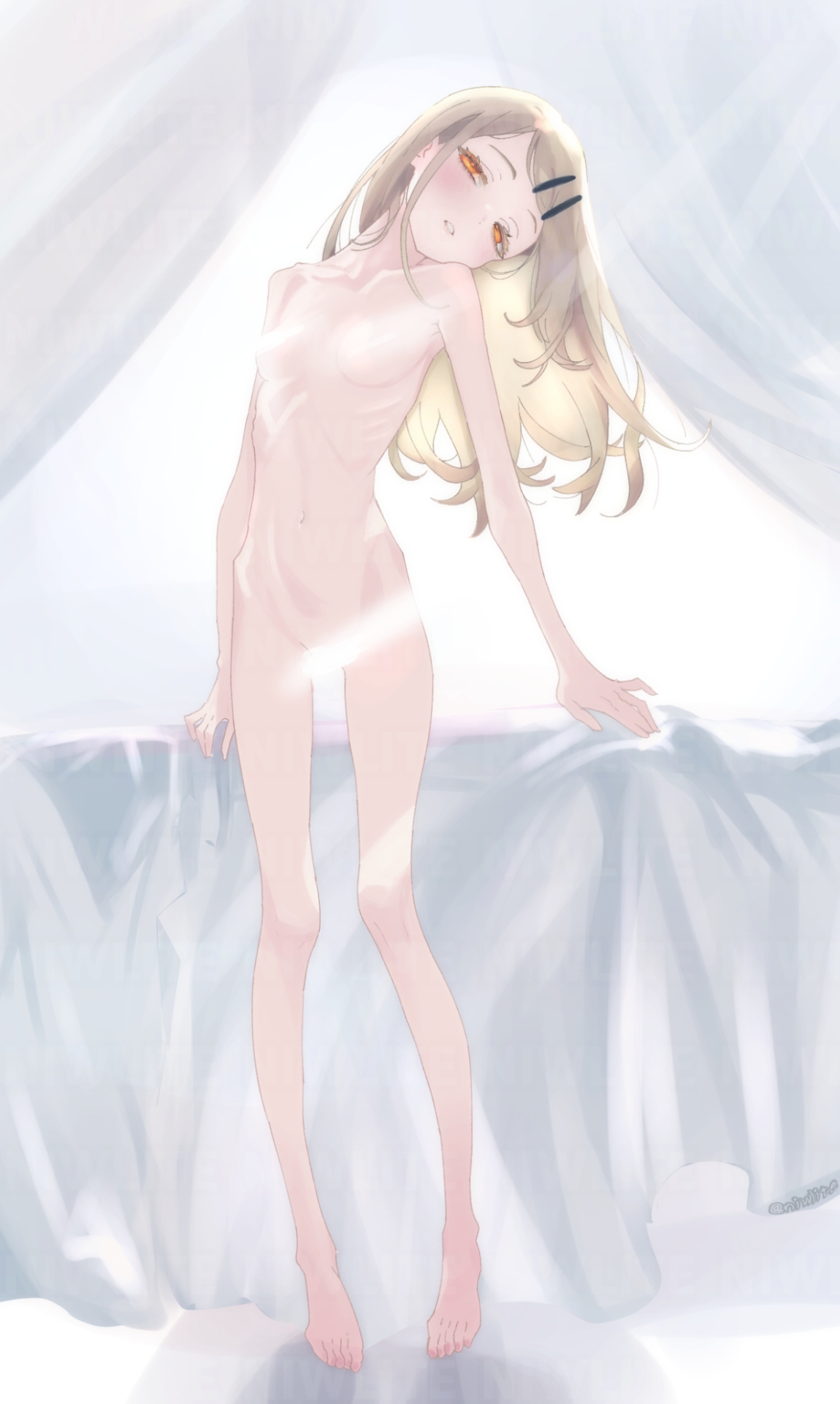 1girls, blonde hair, blush, blushing, breasts, covered nipples, covered pussy, female, female focus, female only, gakuen idolmaster, hairclip, idolmaster, long hair, niwlite, nude, orange eyes, pussy, shinosawa hiro, small breasts, solo, solo female, solo focus, visible ribs