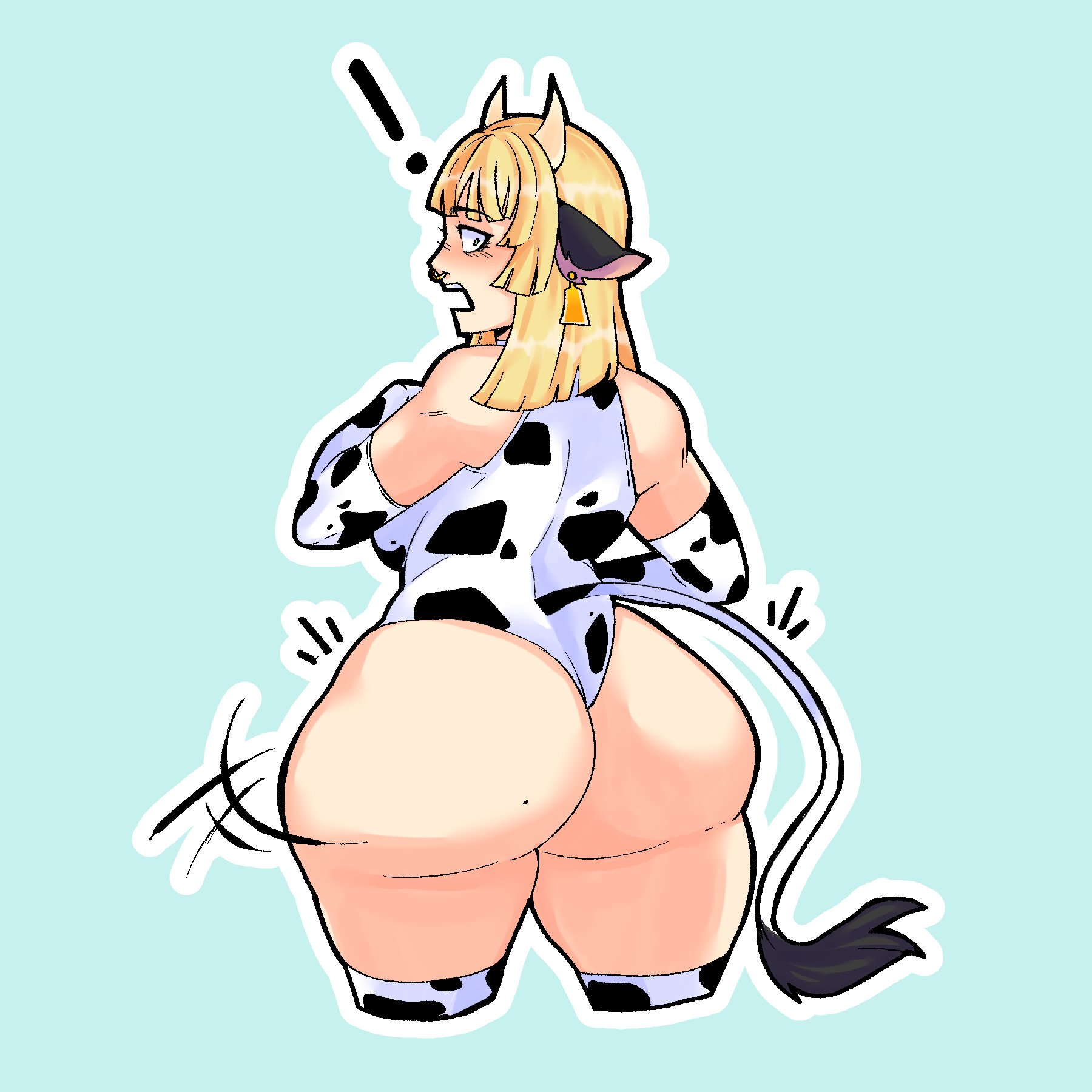 !, 1girls, alternate hairstyle, animal ears, ass, back view, backboob, bare thighs, beauty mark, blonde hair, blue background, bluueygooey, breasts, cow ears, cow print, curvy, elbow gloves, female, female only, fire emblem, fire emblem warriors: three hopes, fire emblem: three houses, gloves, green eyes, horns, huge ass, ingrid brandl galatea, large breasts, leotard, medium hair, mole, mole on ass, motion lines, nintendo, nose piercing, official alternate hairstyle, piercing, ring piercing, shocked, solo, tail, thick thighs, thighhighs, thighs, voluptuous, wide eyed, yellow hair