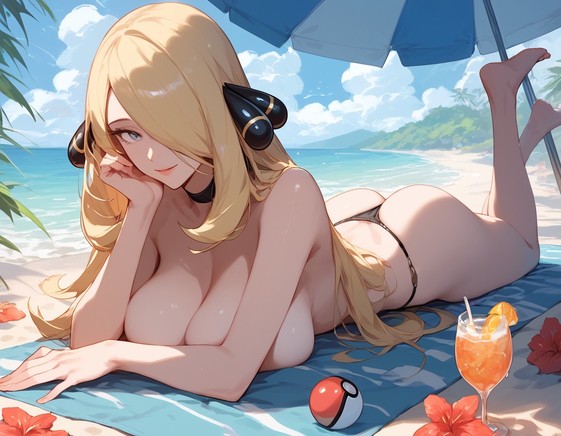 1girls, ai generated, big breasts, bikini bottom, blonde hair, breasts, clothed, clothing, color, cynthia (pokemon), female, female focus, female only, game freak, grey eyes, hi res, large breasts, light skin, light-skinned female, long hair, looking at viewer, naka ai, nintendo, no bra, pokemon, pokemon champion, pokemon dppt, pokemon trainer, solo, solo female, tagme, thick thighs