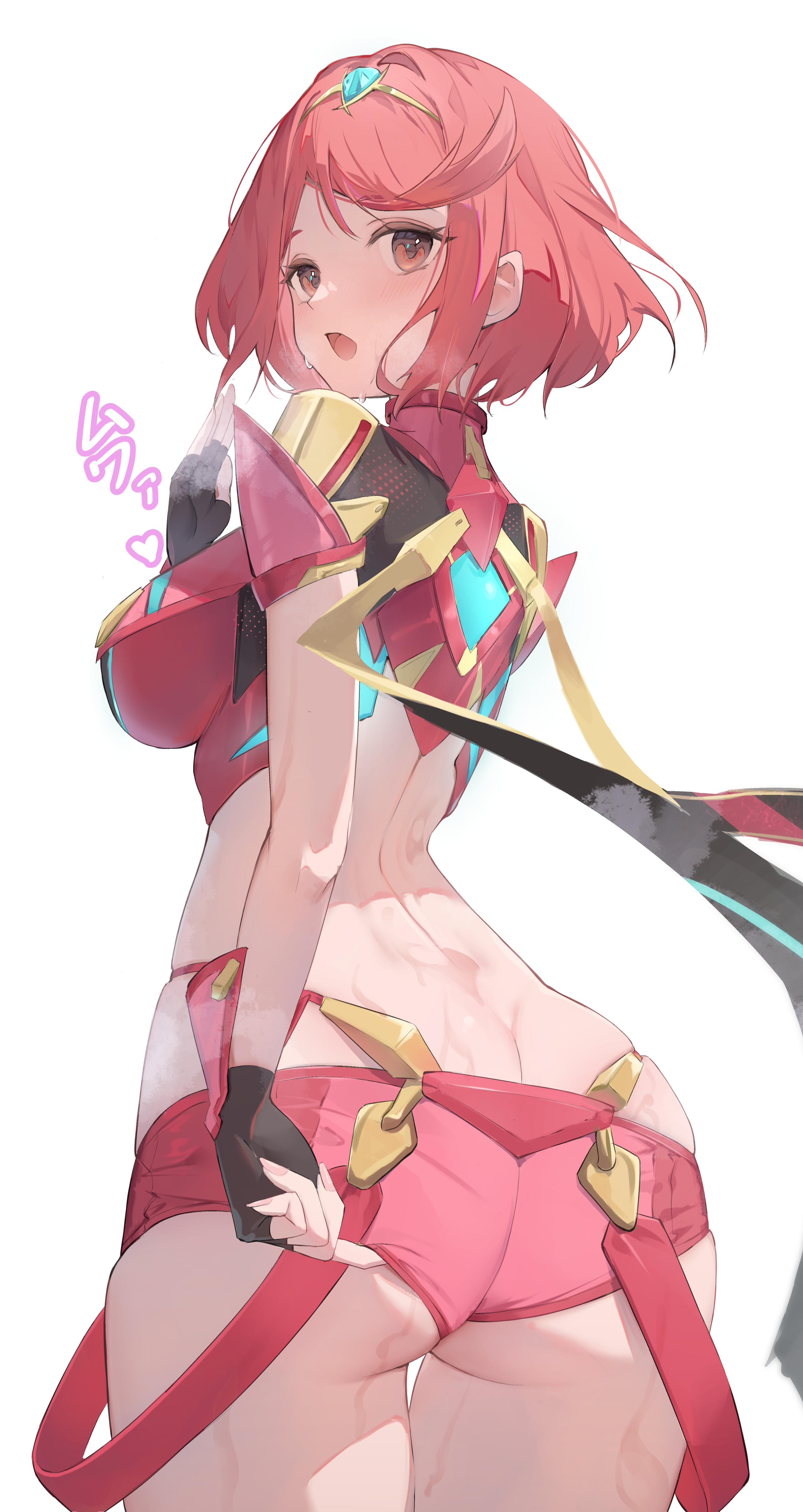 absurdres, ass, breasts, butt crack, female, female only, heart, highres, huge ass, large breasts, pyra, pyra (xenoblade), shitomu1, simple background, solo, white background, xenoblade (series), xenoblade chronicles (series), xenoblade chronicles 2