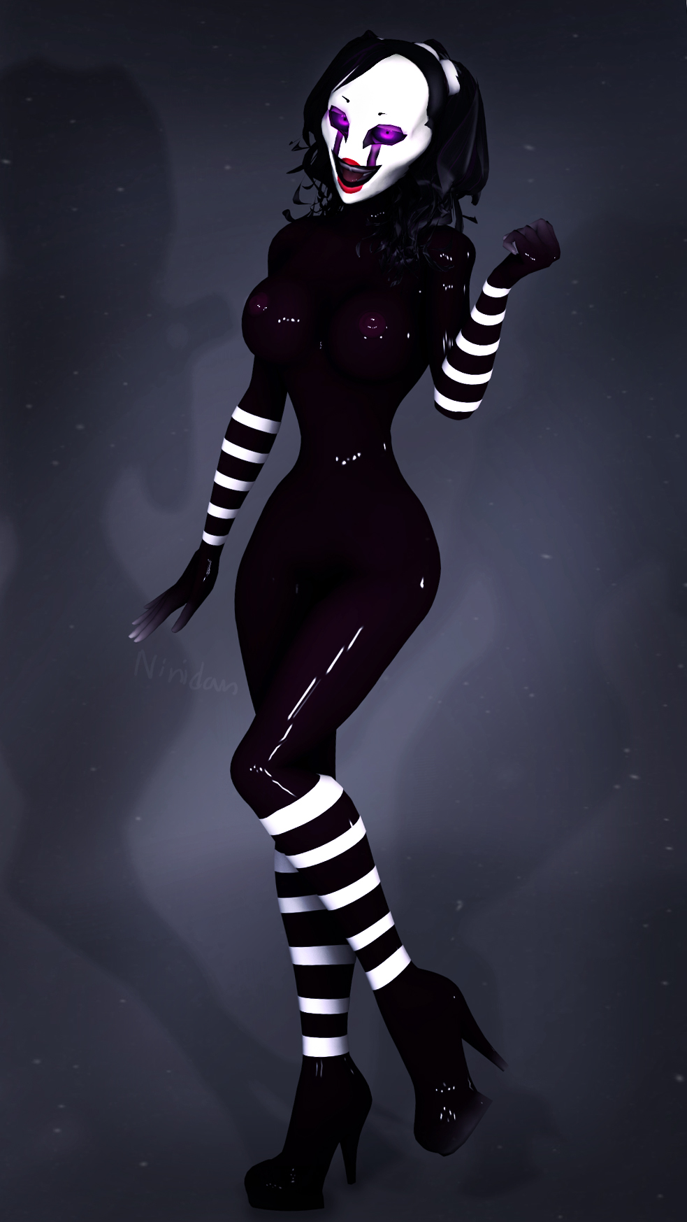 1girls, 2017, 3d, 3d (artwork), animatronic, big breasts, breasts, cleavage, female, female only, five nights at freddy's, five nights at freddy's 2, heels only, high heels, lipstick, marionette (fnaf), mask, naked footwear, nipples, nude, nudity, nuidon, puppet (disembowell), puppet (fnaf), purple eyes, solo, solo female, source filmmaker