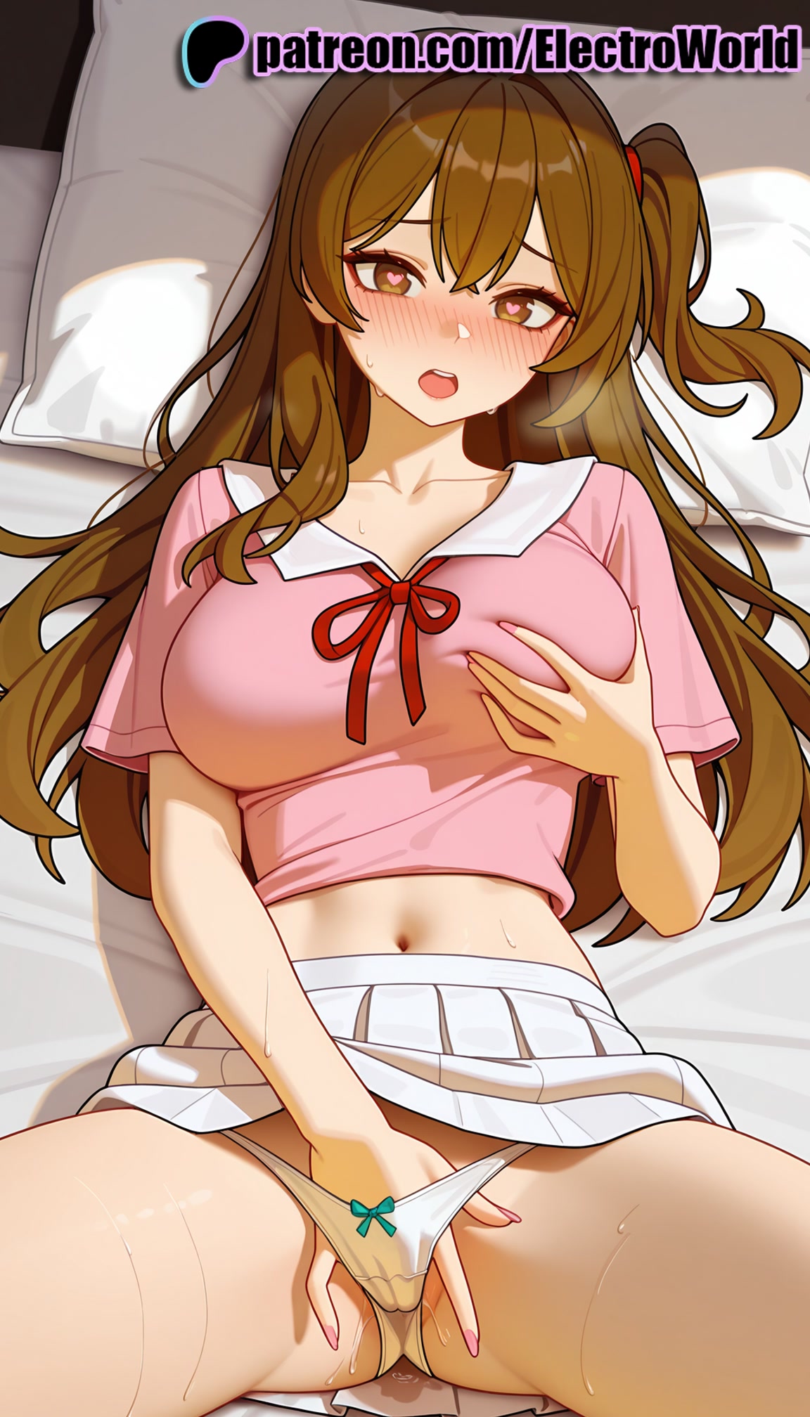 1girls, 2025, ai generated, artist name, bed, blush, breast grab, breasts, brown eyes, brown hair, bust, chest, electroworld, female, grabbing, hi res, high quality, high resolution, highres, kanojo okarishimasu, laying down, legs apart, legs spread, long hair, lying, lying on back, mizuhara chizuru, navel, on back, on bed, one side up, open legs, open mouth, panties, patreon, patreon username, pillow, pussy juice, red ribbon, ribbon, self fondle, splayed legs, spread legs, stable diffusion, underwear, watermark