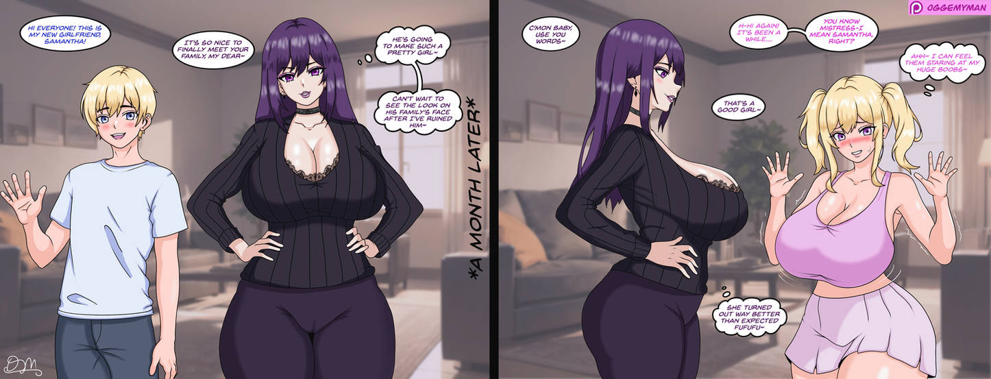 1boy, 2girls, big breasts, black hair, blonde hair, blush, breasts, choker, cleavage, comic, crop top, curvy, dominant female, eyeshadow, female, femdom, feminization, gender transformation, genderswap, genderswap (mtf), goth, huge breasts, lace trim, long hair, makeup, male, oggemyman, pink eyes, purple eyes, purple hair, purple lipstick, rule 63, skirt, sweater, text, thick thighs, transformation, twintails