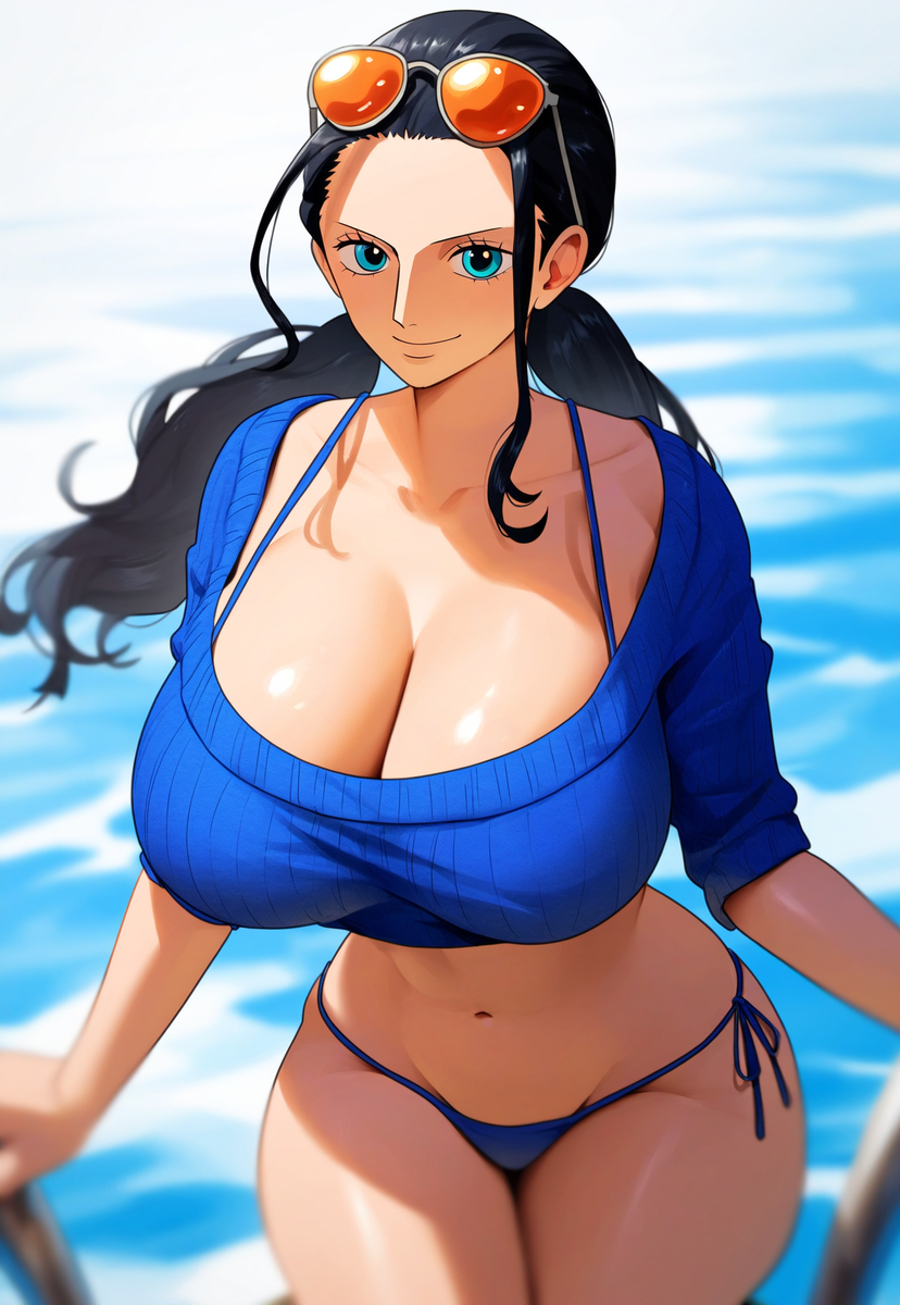 1girls ai_due ai_generated bare_legs bare_thighs big_breasts bikini_bottom black_hair blue_eyes blush clothed clothing color female female_focus female_only hi_res large_breasts light-skinned_female light_skin long_hair looking_at_viewer nico_robin one_piece shirt shounen_jump solo solo_female sunglasses sunglasses_on_head tagme thick_thighs underboob water