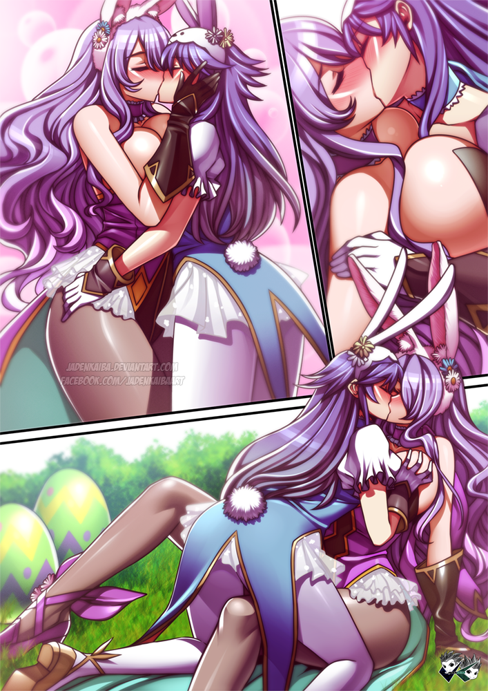 2girls blue_hair blush breast_grab breast_press breasts bubble_butt bunny_ears camilla_(fire_emblem) camilla_(spring)_(fire_emblem) explicit female_only fire_emblem fire_emblem_awakening fire_emblem_fates fire_emblem_heroes hands_on_head hands_on_hips hourglass_figure jadenkaiba kissing large_breasts legs lesbian lucina_(fire_emblem) lucina_(spring)_(fire_emblem) multiple_girls purple_hair yuri