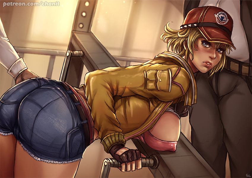 ass, belt, bent over, big ass, black gloves, blush, breasts, cindy aurum, clothed, denim shorts, female, final fantasy, final fantasy xv, fingerless gloves, gloves, hat, jacket, kachima, large breasts, looking at viewer, nipple bulge, short shorts, sideboob, tagme