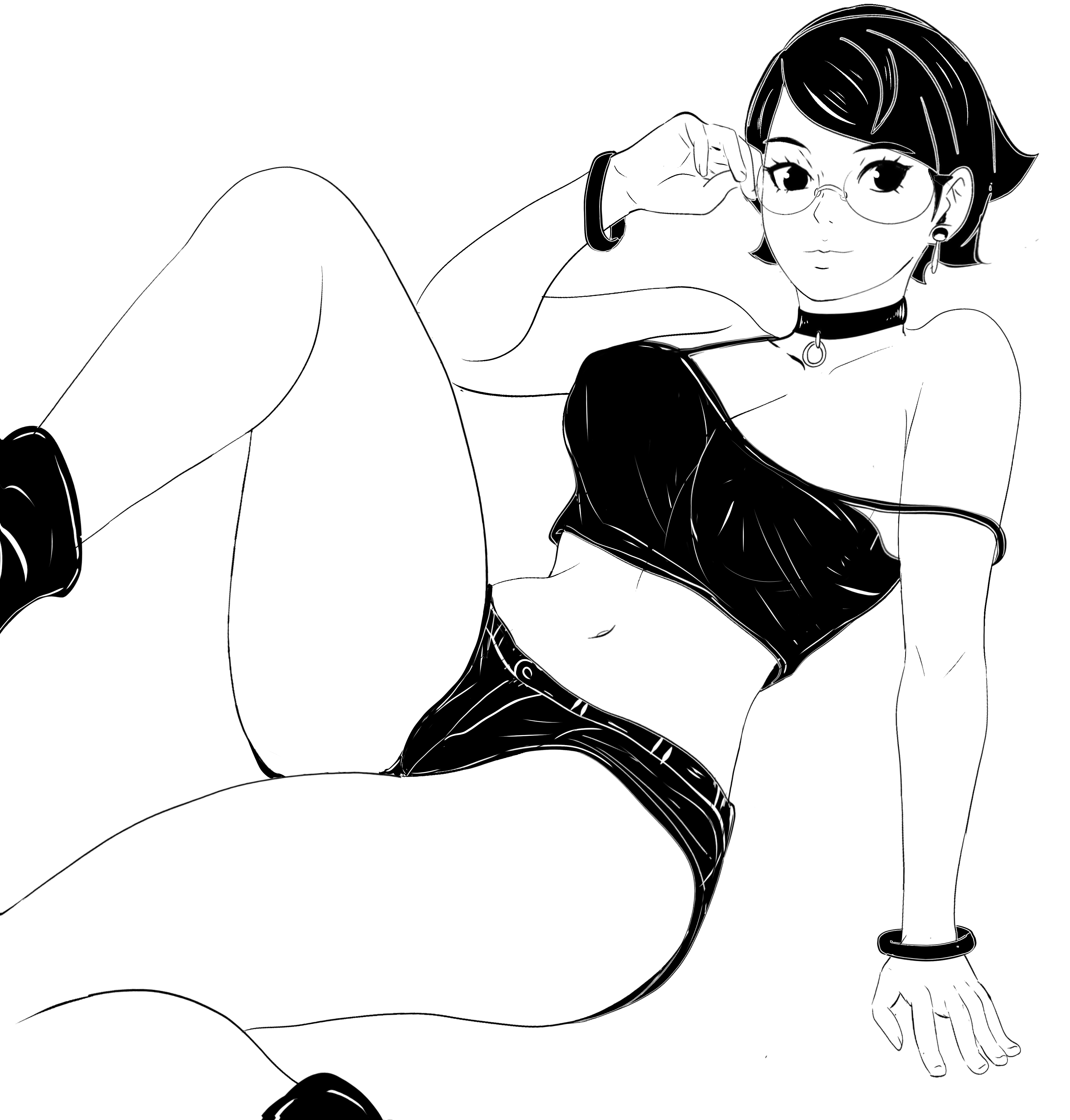 1girls, alternate costume, big ass, big breasts, black and white, boruto: two blue vortex, breasts, choker, clothed, female, female only, glasses, large ass, large breasts, lickliking, naruto, naruto (series), sarada uchiha, short hair, showing off, teenage female, teenager, uchiha sarada, undressing, young