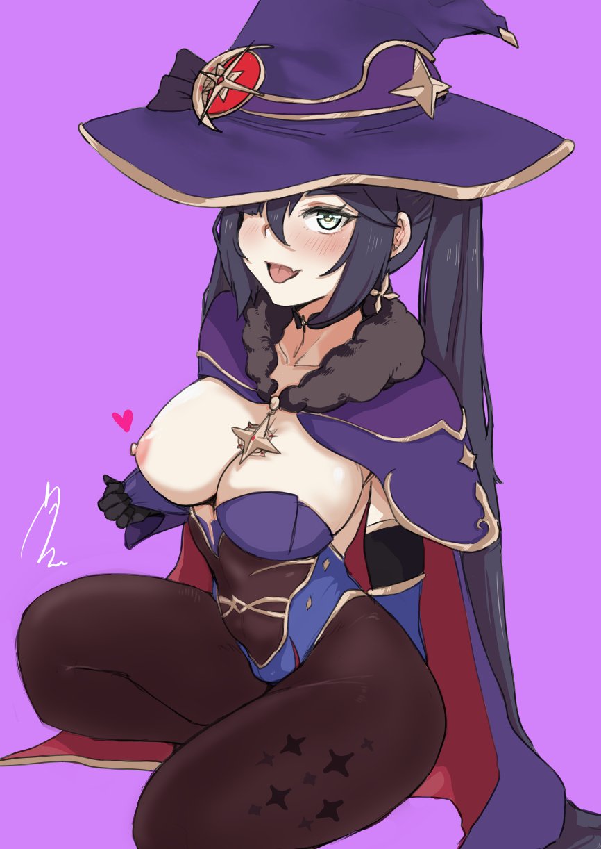 :p areolae berserkert black_legwear breasts female flashing genshin_impact hat heart highres large_breasts leotard mona_(genshin_impact) naughty_face nipples oerba_yun_fang one_breast_out pantyhose tongue tongue_out twintails witch_hat