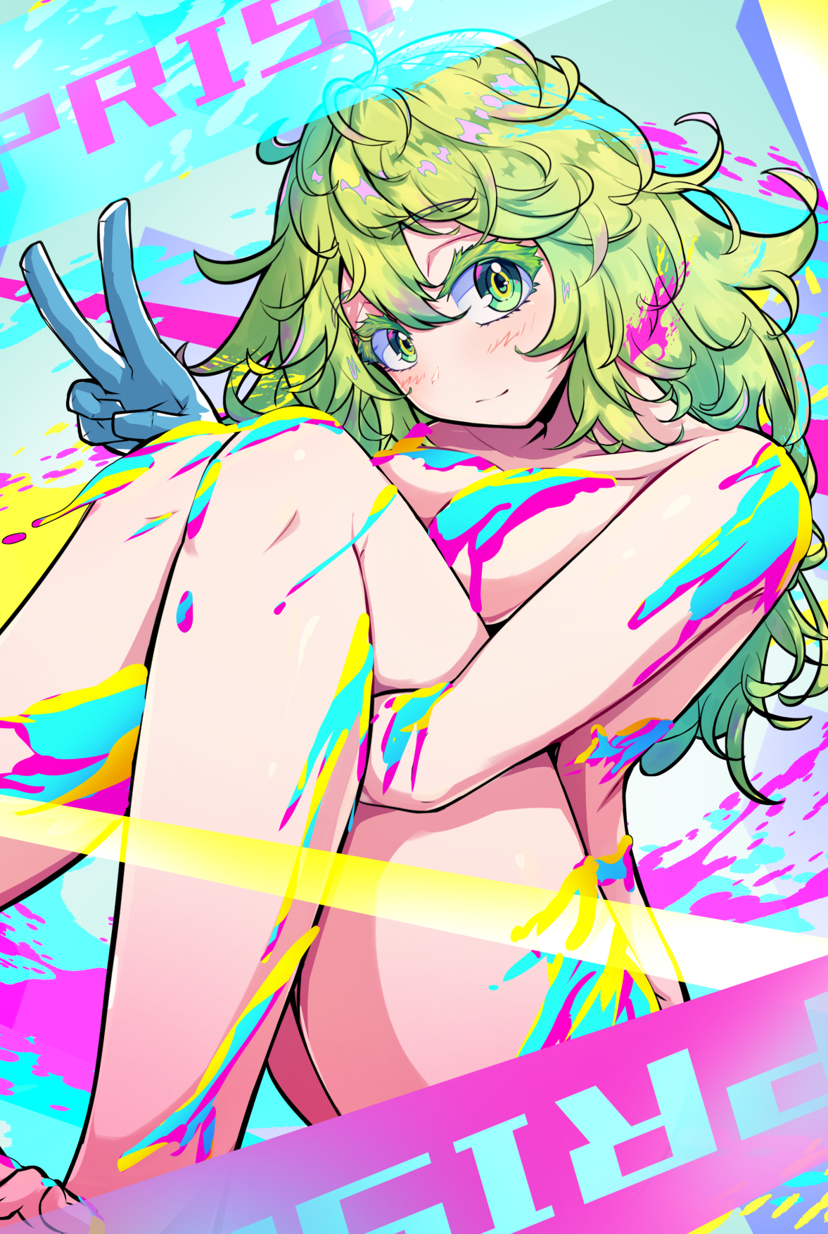 1girls, barefoot, breasts, censored nipples, convenient censoring, feet, feet up, female, gloves, green hair, green-haired female, karan koron100, my hero academia, naked, nude, paint, solo, thick thighs, thighs, tooru hagakure, tooru hagakure (visible)