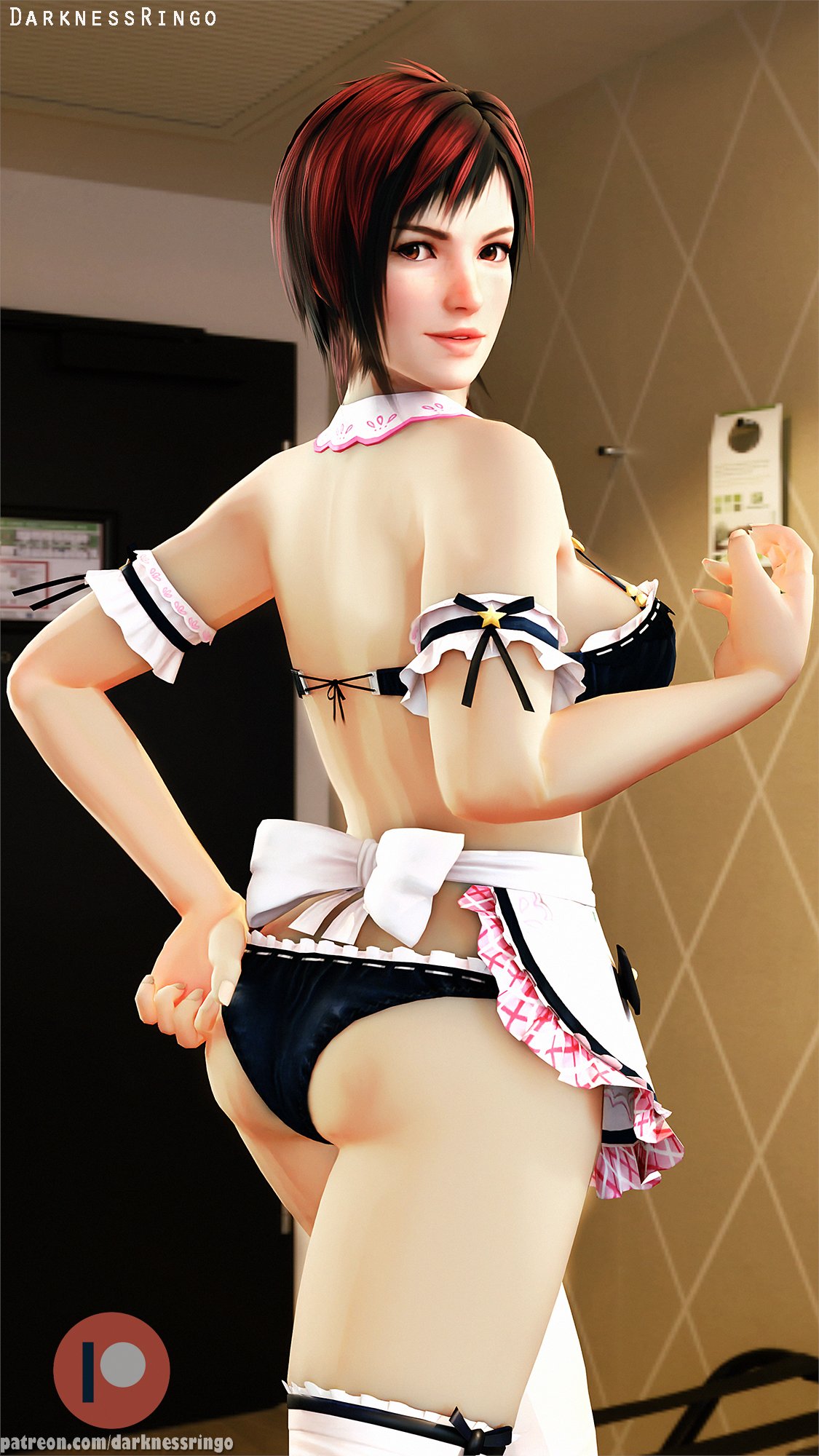 3d athletic athletic_female big_breasts bikini black_hair breasts busty darknessringo dead_or_alive female female_focus female_only hourglass_figure maid maid_apron maid_outfit maid_uniform mila_(doa) phone pinup pinup_pose red_hair selfie short_hair tagme tomboy two_tone_hair wide_hips