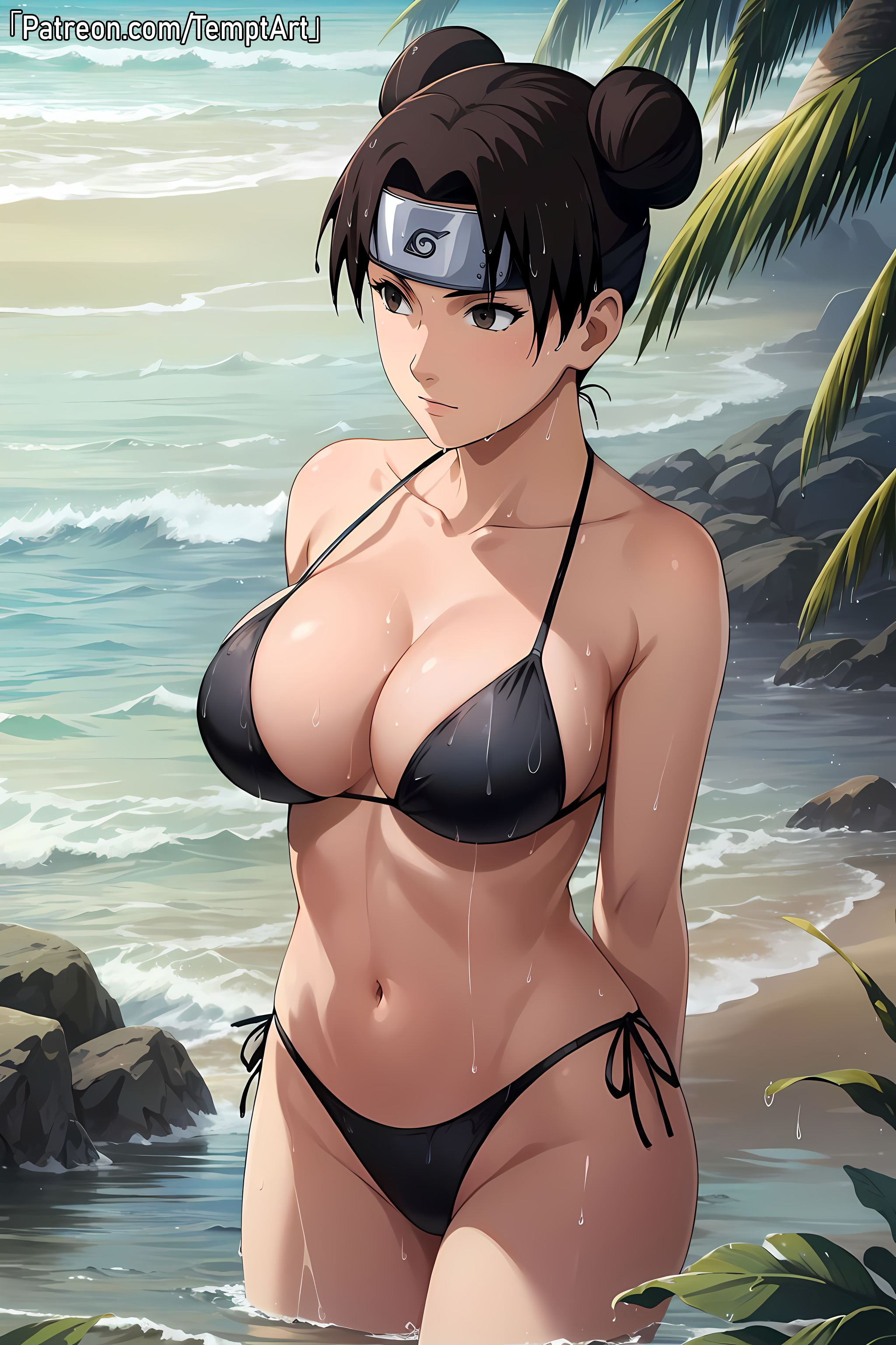 1girls, ai generated, arms behind back, beach, black bikini, boruto: naruto next generations, female, headband, headgear, nai diffusion, naruto, naruto (series), naruto shippuden, patreon username, sea, stable diffusion, submerged legs, temptart, tenten, url, watermark, web address, wet, wet body