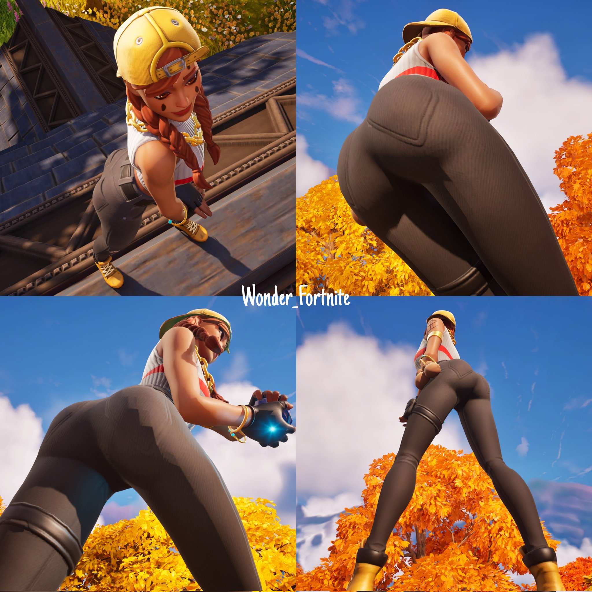 ass, aura (fortnite), brown eyes, fortnite, fortnite: battle royale, fully clothed, jeans, outdoors, red hair, screenshot, screenshot edit, wonder fortnite