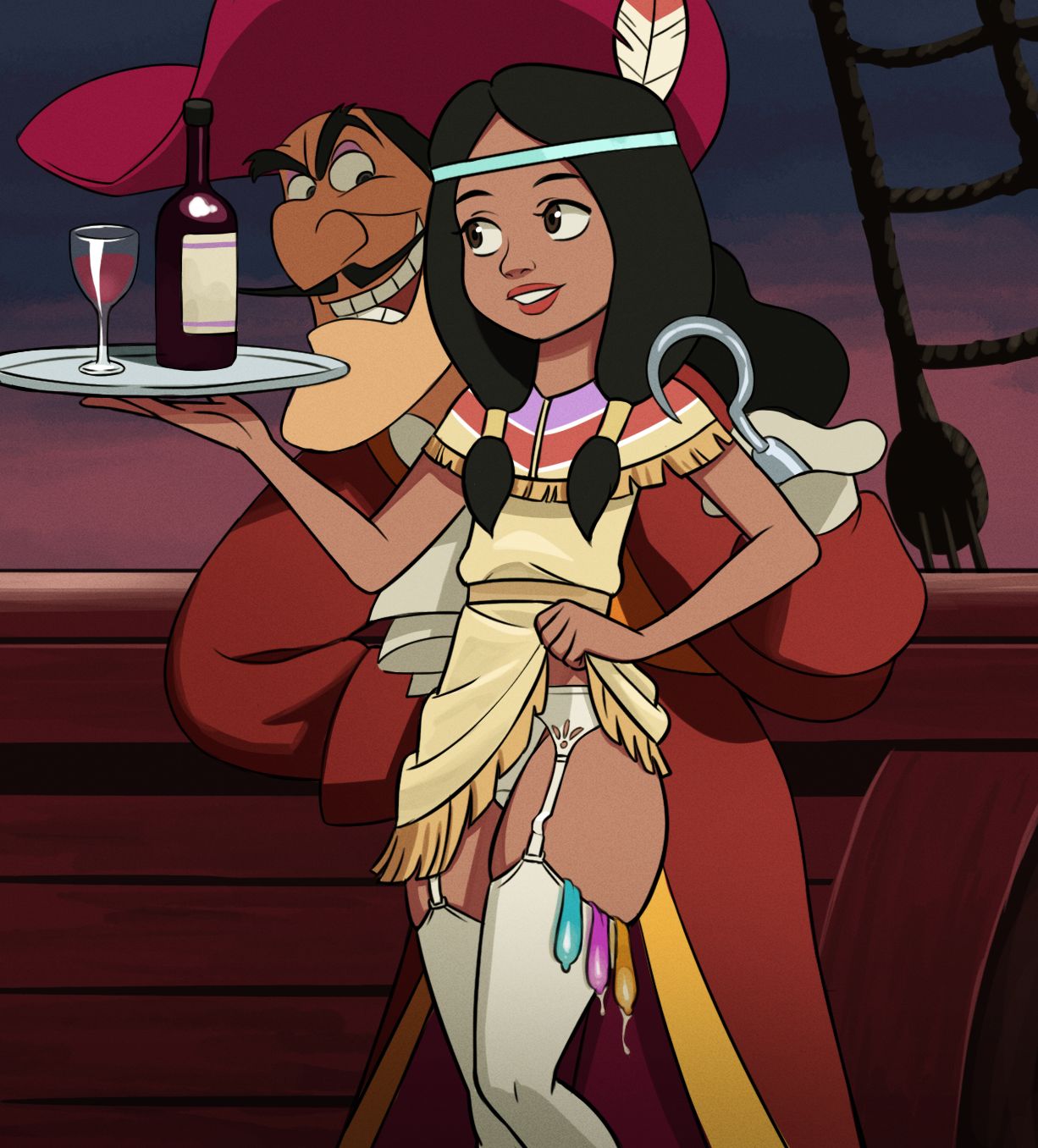 1boy 1girls age_difference aged_up black_hair captain_hook clothes_lift dark-skinned_female dark_skin disney dress_lift garter_belt garter_straps hook lingerie lingerie_panties mangamaster native_american older_male panties peter_pan peter_pan_(1953_film) peter_pan_(disney) pirate_ship skindentation skirt_lift stockings teasing thick_thighs thighhighs thighs tiger_lily used_condoms wine wine_glass young younger_female