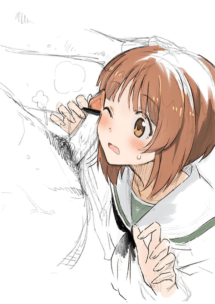 1boy bangs bar_censor blush brown_eyes brown_hair censored cosmic_(crownclowncosmic) eyebrows_visible_through_hair female girls_und_panzer hand_on_another's_head nishizumi_miho one_eye_closed open_mouth partially_colored penis penis_on_face short_hair simple_background sketch straight sweatdrop white_background