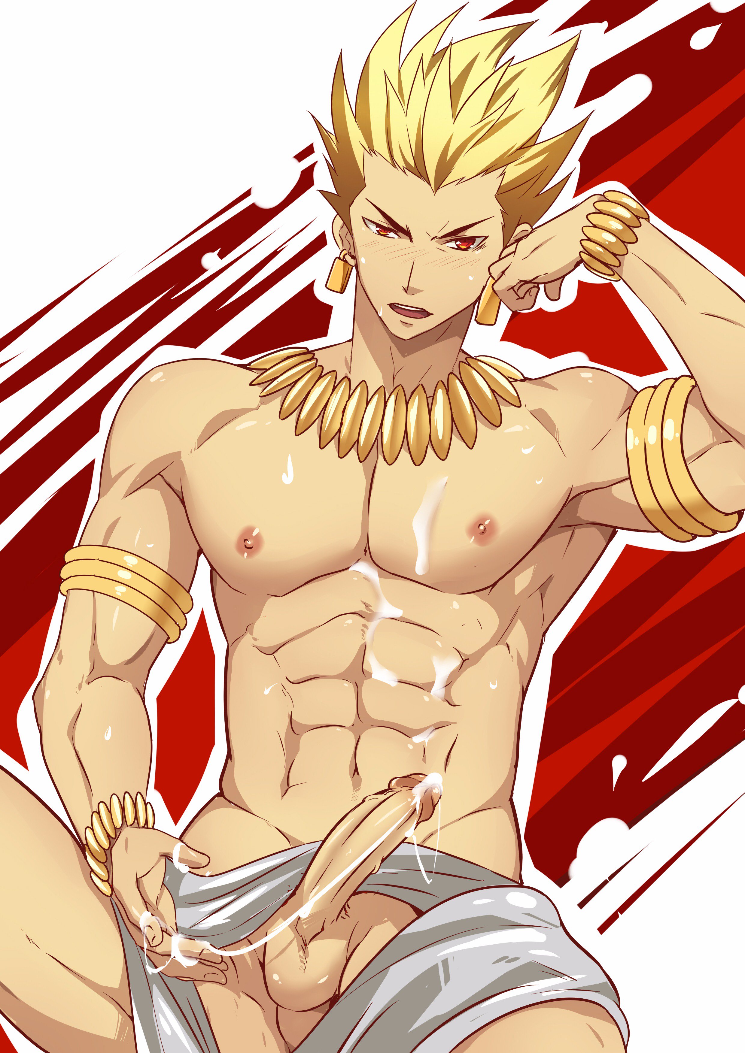 1boy, armpits, arms up, balls, blonde hair, blush, bracelet, cum, earrings, fate (series), gilgamesh, gilgamesh (fate), jewelry, loincloth, male, male only, mazjojo, muscles, muscular, muscular male, necklace, nipples, pecs, penis, red eyes, spiked hair, testicles
