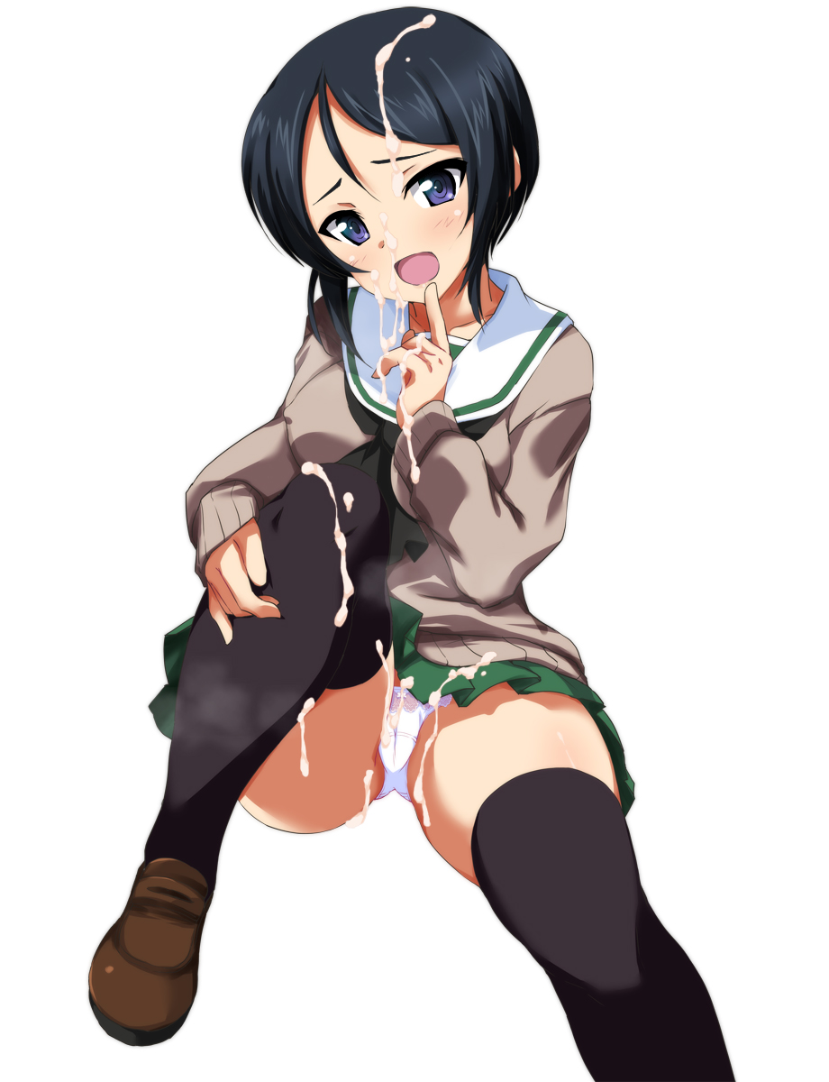 :d alternate_costume bangs black_eyes black_hair black_legwear black_neckwear brown_footwear brown_sweater bukkake cameltoe chouno_ami crotch_seam cum female finger_to_mouth full_body girls_und_panzer green_skirt heart highres leg_hug loafers long_sleeves looking_at_viewer miniskirt neckerchief ooarai_school_uniform open_mouth ouhashi panties pleated_skirt school_uniform serafuku shoes short_hair sitting skirt smile solo swept_bangs thighhighs underwear white_panties winter_uniform