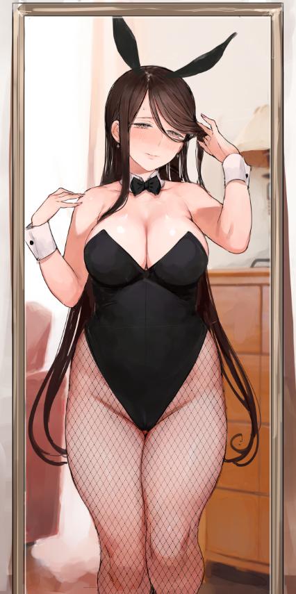 1girls, big breasts, breasts, brown hair, bunny ears, bunny girl, bunnysuit, c.cu, cleavage, female, female only, fishnets, large breasts, long hair, looking at viewer, slightly chubby, solo, solo female, thick, thick thighs, voluptuous, wide hips