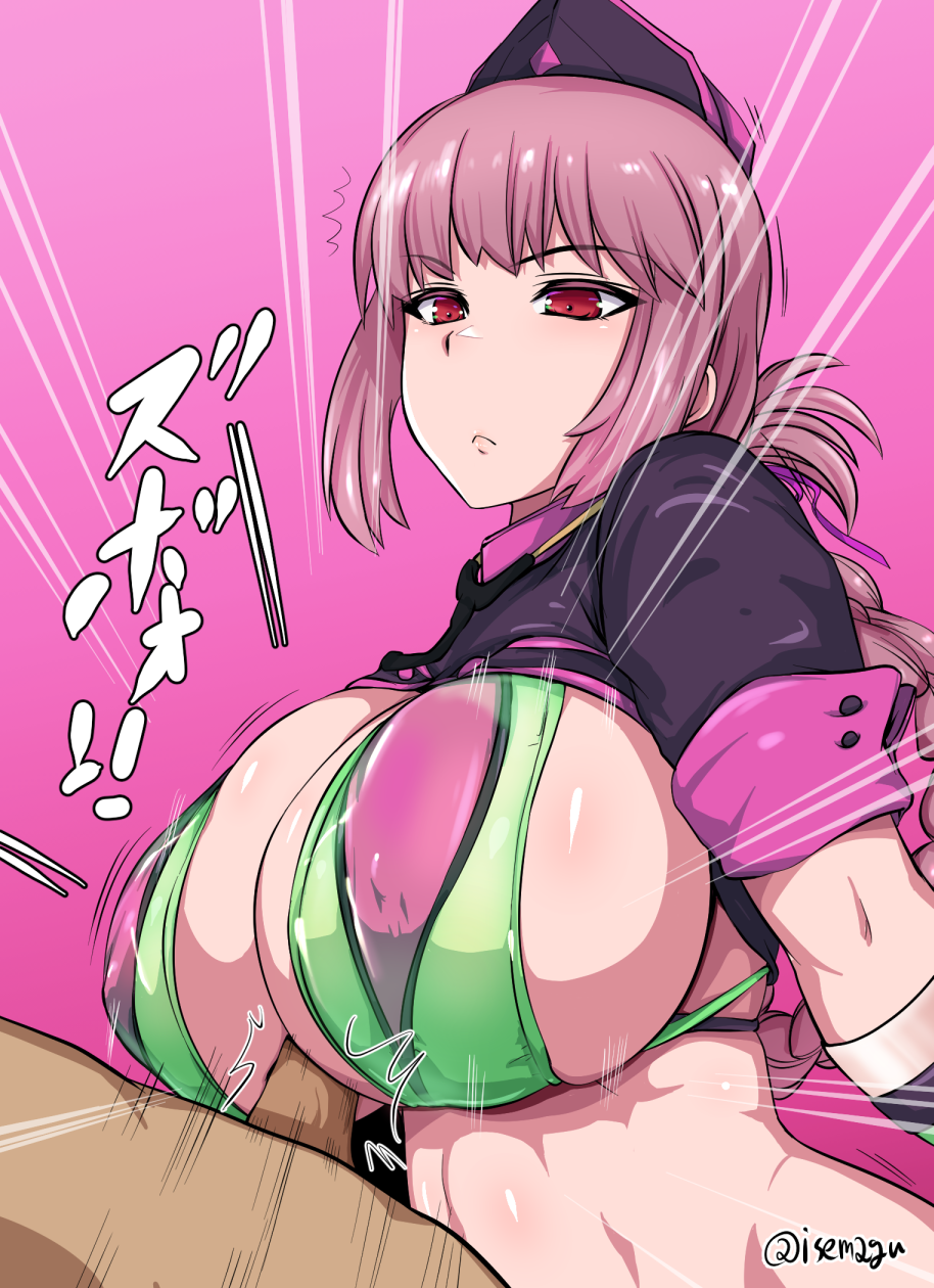 1boy bangs bikini blush braid breasts fate/grand_order fate_(series) female florence_nightingale_(fate) florence_nightingale_(trick_or_treatment)_(fate) gloves green_gloves hat highres isemagu large_breasts long_hair navel paizuri penis pink_hair red_eyes revealing_clothes solo_focus stomach swimsuit trick_or_treatment twitter_username upper_body