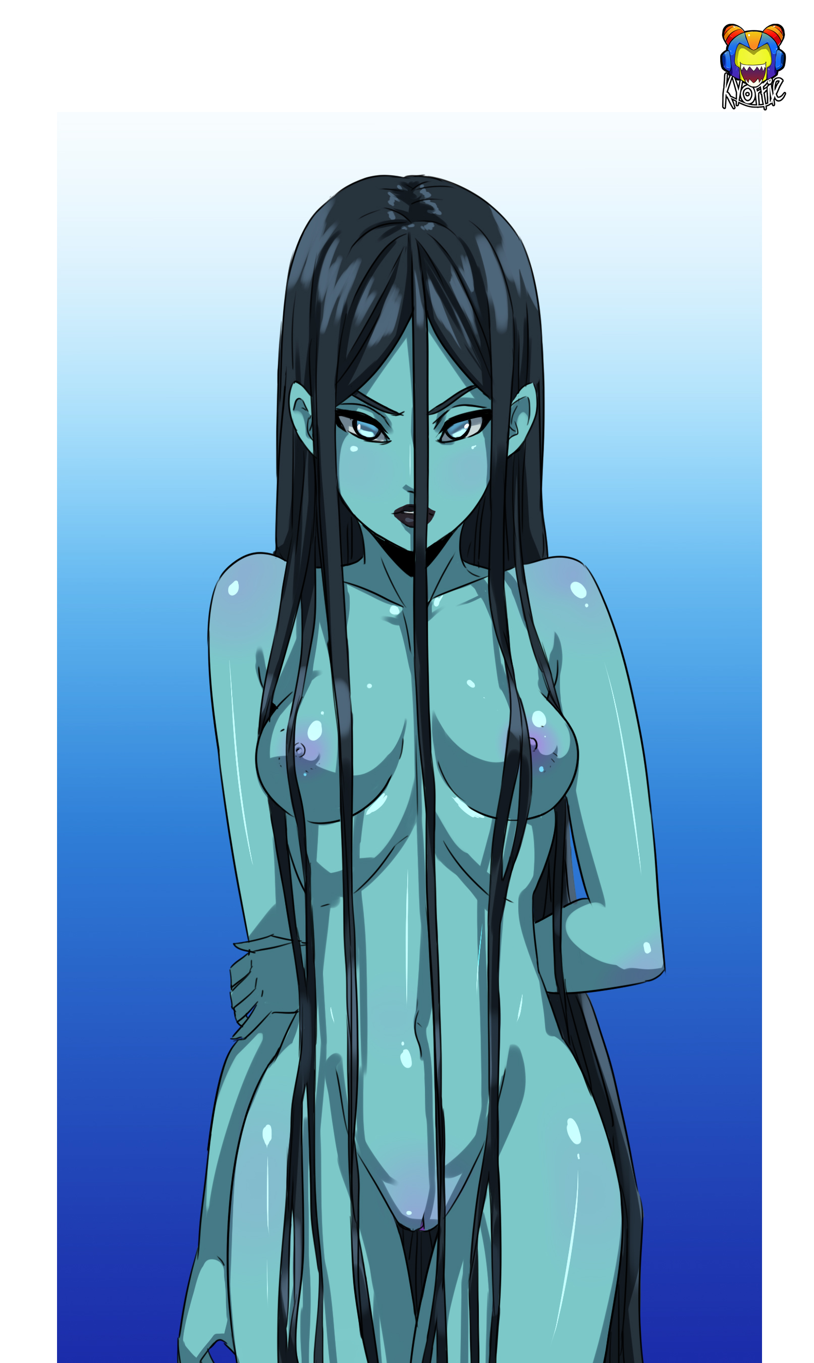 black hair, breasts, female, green skin, kalista, kyoffie, league of legends, long hair, looking at viewer, naked, navel, nipples, pussy, riot games, vagina, video games