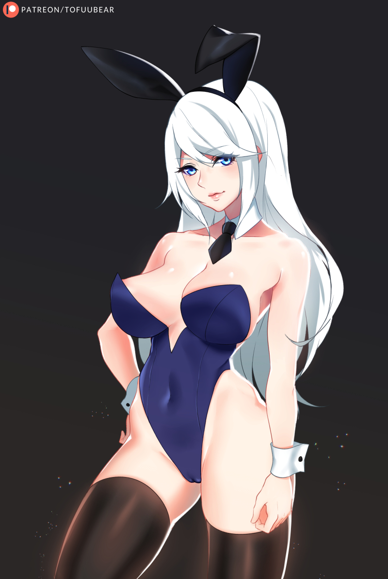 ashe (league of legends), big breasts, blue eyes, breasts, bunny ears, bunnysuit, cleavage, female, female only, large breasts, league of legends, leotard, long hair, looking at viewer, solo, thighhighs, tofuubear, white hair