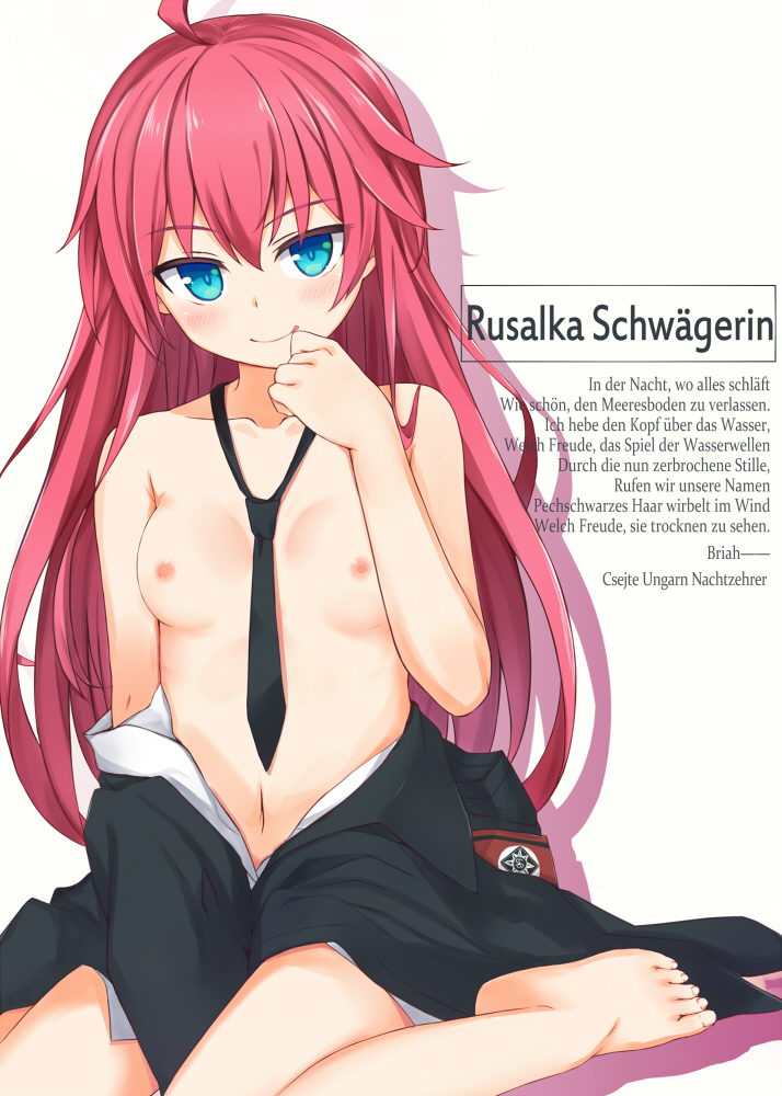 ahoge between_legs black_coat black_neckwear blue_eyes breasts character_name coat dies_irae female fuji_kakei german_text hand_between_legs hand_to_own_mouth knees_together_feet_apart long_hair naked_coat naughty_face navel necktie nipples no_pants off_shoulder red_hair rusalka_schwagerin shirt sitting small_breasts smile solo topless white_shirt