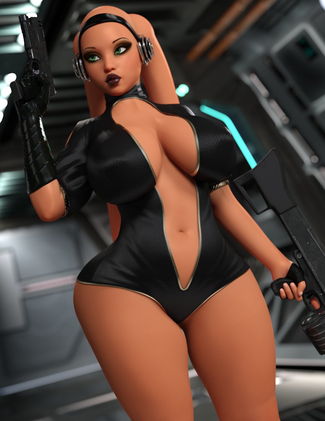 1girls, 3d, alien, alien girl, artist name, bald, big breasts, bimbo, bodysuit, breasts, busty, cleavage, curvy, detailed background, evolluisionist, eyelashes, female, female only, fishnet, front view, green eyes, gun, handgun, headgear, holding object, hourglass figure, humanoid, indoor, inside, lekku, mammal, nail polish, original character, pose, posing, shiny, shiny skin, solo, standing, star wars, thick lips, thick thighs, twi'lek, voluptuous, weapon, wide hips