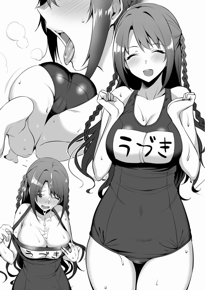 amano_don ass between_breasts braid breast_squeeze breasts closed_eyes cum cum_on_body cum_on_upper_body idolmaster idolmaster_cinderella_girls large_breasts long_hair monochrome name_tag open_mouth school_swimsuit shimamura_uzuki swimsuit tongue