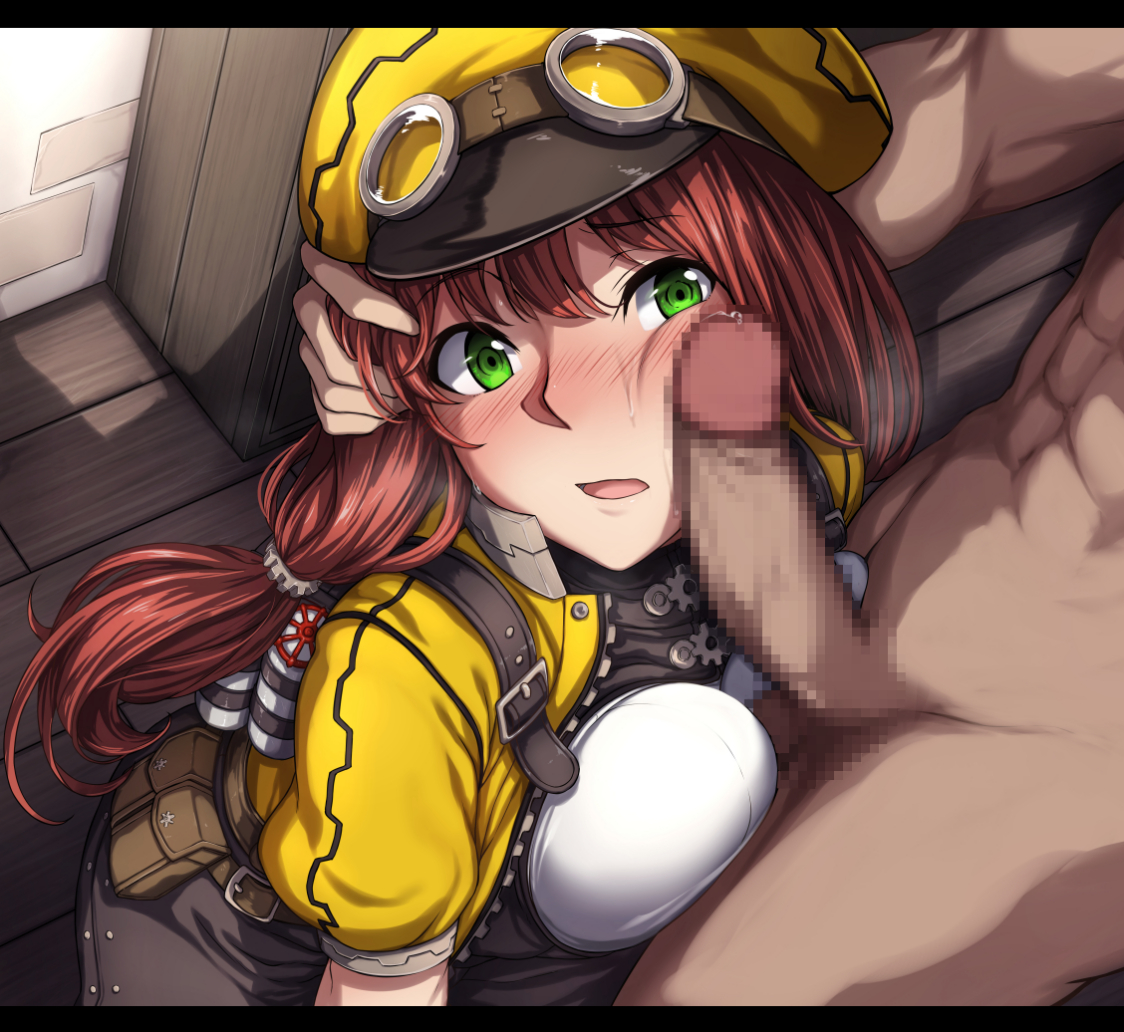 1boy, blush, breast press, breasts, censored, clothed female nude male, ellie helderson, eyebrows visible through hair, female, gears, goggles, goggles on head, green eyes, hat, indoors, jacket, kanpani girls, kneeling, long hair, looking at another, male, mosaic censoring, nagioka (sblack), nude, parted lips, penis, penis on face, pouch, puffy short sleeves, puffy sleeves, red eyes, red hair, sblack, short sleeves, straight, yellow jacket