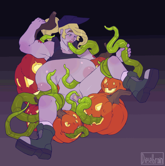 animated, blonde hair, bouncing breasts, breasts, consensual tentacles, cum, cum everywhere, cum in mouth, cum in pussy, cum on breasts, cum on face, dieselbrain, facial, fellatio, female, handjob, hat, huge breasts, nipples, pumpkin, pussy, sex, shirt lift, tentacle, vaginal penetration