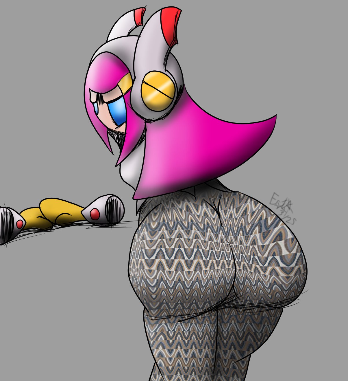 1girls, artist name, artist signature, ass, blue eyes, female, flare pants, floating hands, forbidden pants, headgear, hyper ass, kirby (series), nintendo, pink hair, simple background, sketch, susanna patrya haltmann, susie (kirby)