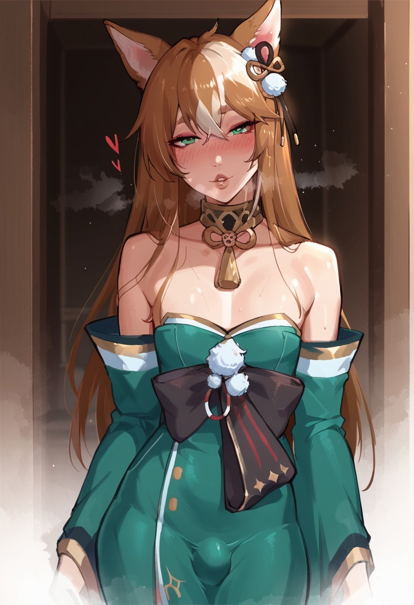 1boy, ai generated, blush, brown hair, bulge, crossdressing, dog ears, femboy, genshin impact, gorou (genshin impact), green eyes, male, ms hina (genshin impact), potatotimothy, sissy, steaming body, steamy breath, trap