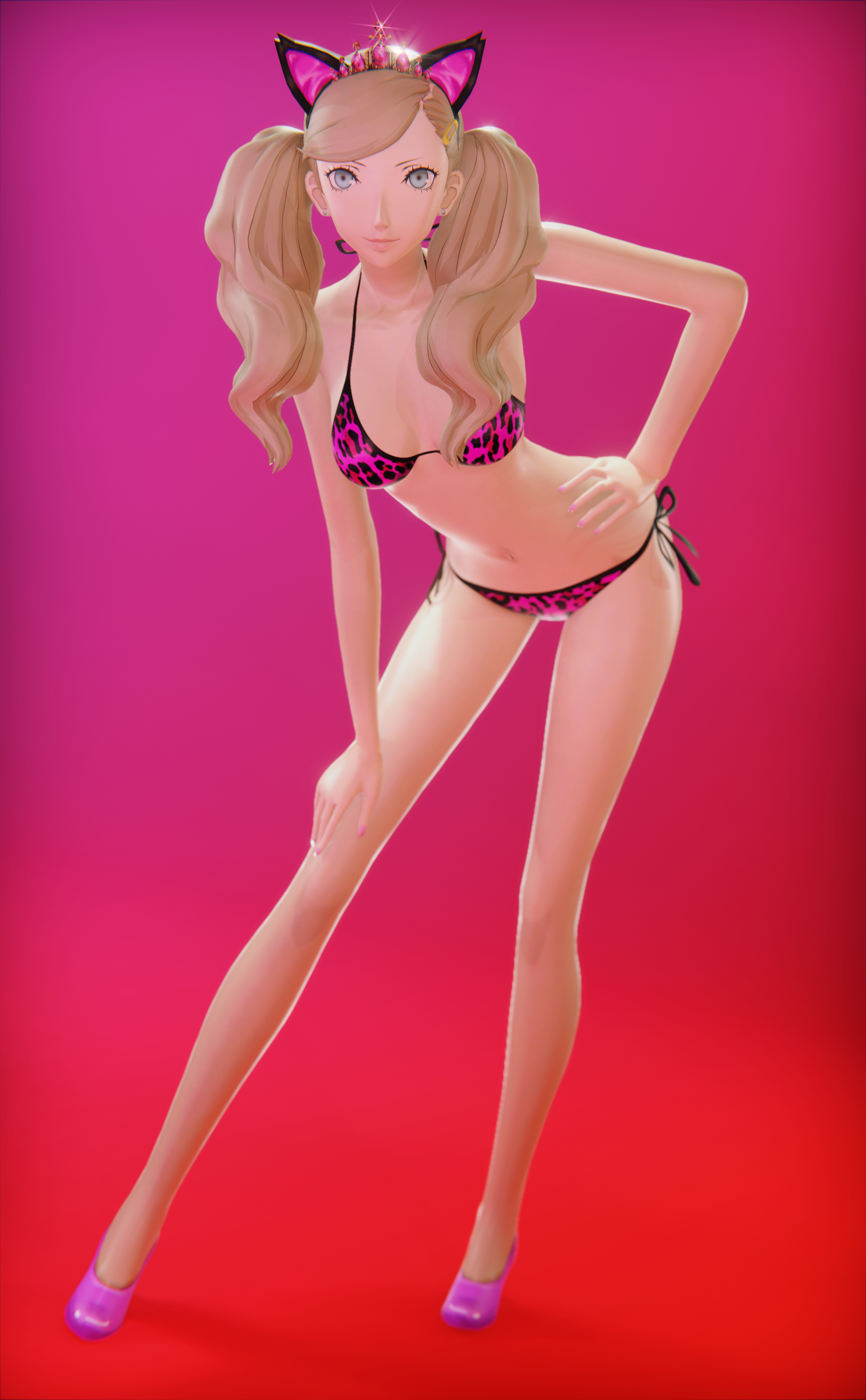 1girls, 3d, 3d (artwork), ann takamaki, bikini, bunny ears, cat ears, cognitive ann, confident, confident pose, crown, crunchypachy, female, female only, hand on hip, headwear, high heels, leaning forward, long legs, panther print, persona, persona 5, pink bikini, pink heels, pink swimsuit, pose, seductive, seductive pose, shoes, slender legs, solo, swimsuit, tagme, tiara, wide hips