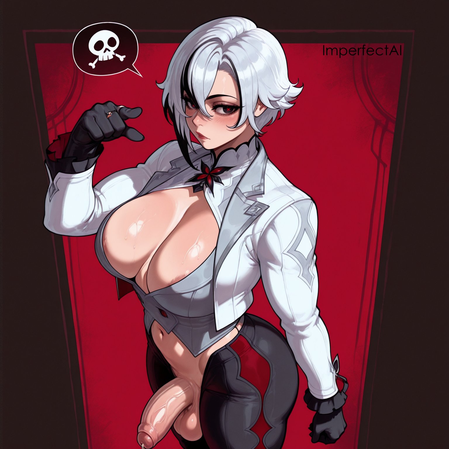 1futa, ai assisted, ai generated, arlecchino (genshin impact), big breasts, black hair, breasts, futa only, futanari, genshin impact, imperfectai, intersex, large breasts, pale skin, pale-skinned futa, two-tone hair, white hair