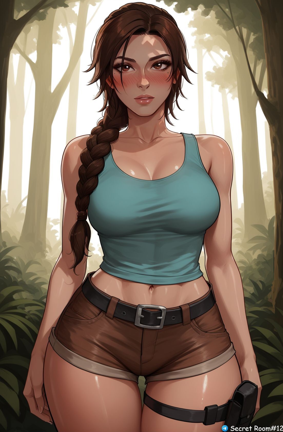 1girls, ai generated, big breasts, big hips, blush, breasts, brown eyes, brown hair, female, front view, lara croft, lara croft (survivor), mature female, pony diffusion xl, secret room12, shiny skin, stable diffusion, standing, tomb raider, video game, video game character, video games