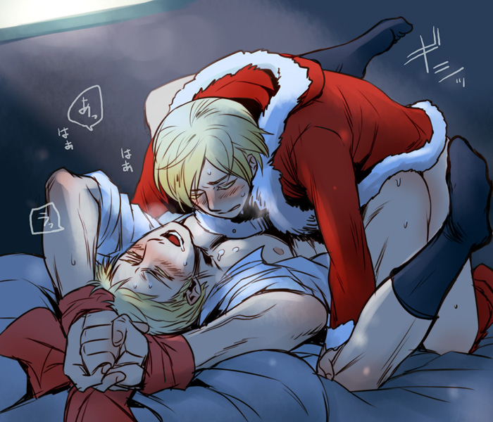 2boys anal axis_powers_hetalia bed berwald_oxenstierna blonde_hair blush christmas closed_eyes clothed_sex cum drooling finland_(hetalia) gay male moaning multiple_boys muscle nipples open_mouth open_shirt pecs penetration ribbon saliva santa_costume sex shirt socks sweat sweden_(hetalia) teeth tino_vainamoinen tongue wince yaoi