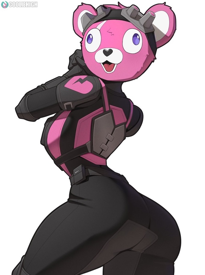 ass, bear, big ass, cooliehigh, cuddle team leader, cuddle team specialist, female, female only, fortnite, looking at viewer, looking back, night vision goggles, pink fur, scar, syd (fortnite), tactical gear, thick thighs