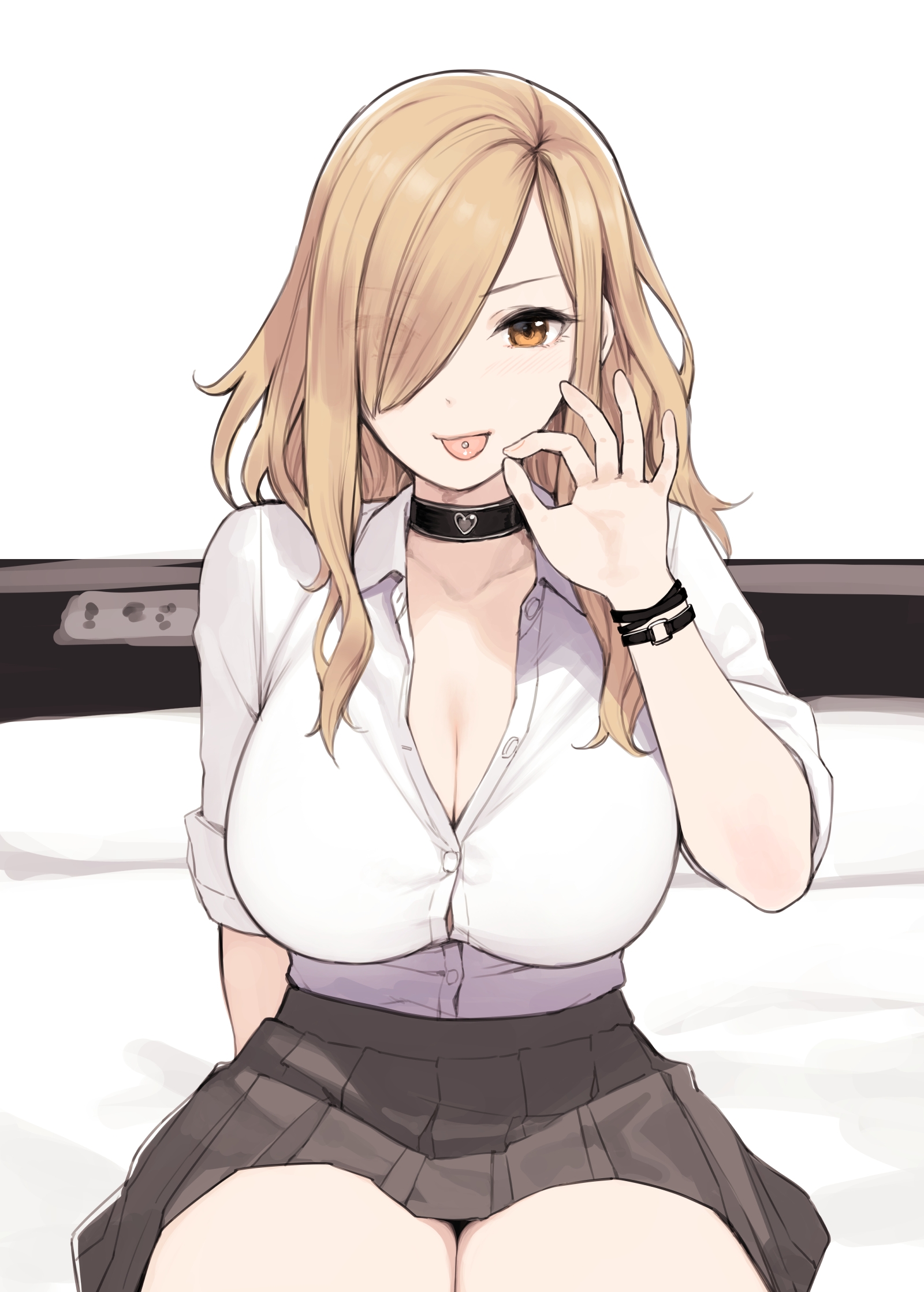 1girls, black choker, blonde hair, breasts, brown skirt, button gap, choker, cleavage, collared shirt, commentary request, eyes visible through hair, fellatio gesture, female, gyaru, hair over one eye, heart, heart choker, highres, huge breasts, long hair, looking at viewer, miniskirt, nino (sunaba suzume), on bed, orange eyes, original, piercing, pleated skirt, school uniform, shirt, sitting, skirt, sleeves rolled up, smile, solo, sunaba suzume, tongue, tongue out, tongue piercing, white shirt, wing collar, wristband