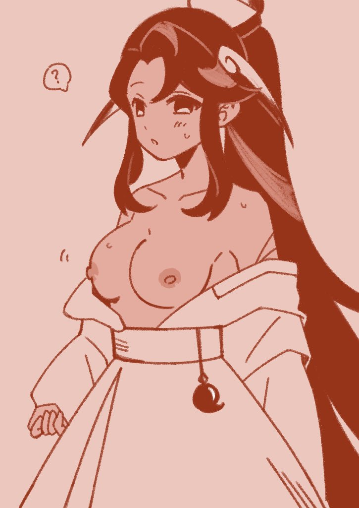 areolae, blush, breasts, caramel arrow cookie, clothed, cookie run, cookie run kingdom, female, kimono down, medium breasts, question mark, revealing breasts