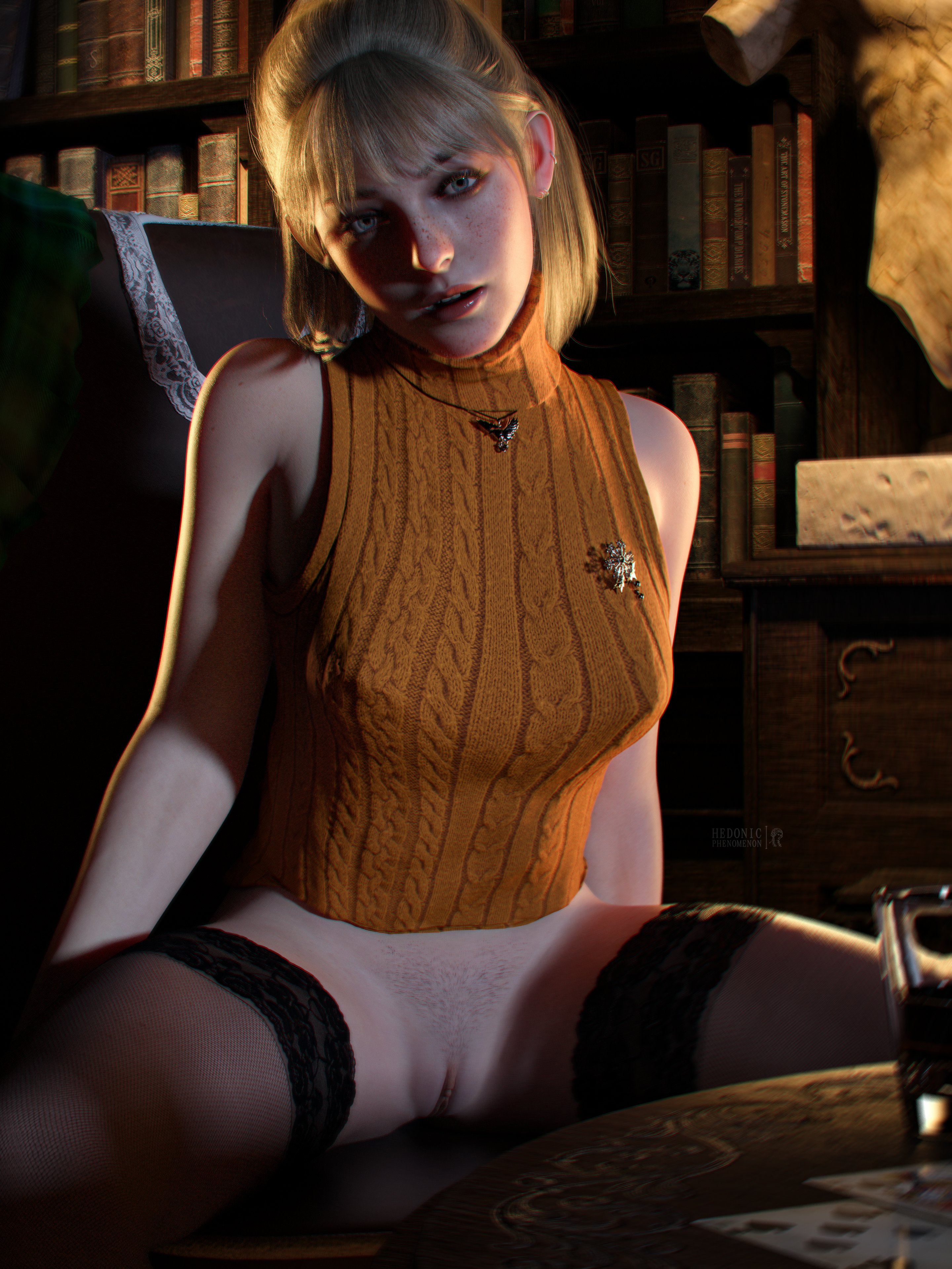 1girls, 3d, ashley graham, ashley graham (brooke elizabeth mathieson), bangs, blonde hair, blue eyes, bottomless, bottomless female, breasts, busty, capcom, exposed pussy, female, female focus, female only, freckles, hedonicphenomenon, hi res, hourglass figure, human, legwear, light skin, looking at viewer, no panties, no underwear, pubic stubble, pussy, realistic, resident evil, resident evil 4, resident evil 4 remake, shaved pussy, sitting, solo, spread legs, straight hair, sweater, tagme, thighhighs, thighs, vagina, wide hips