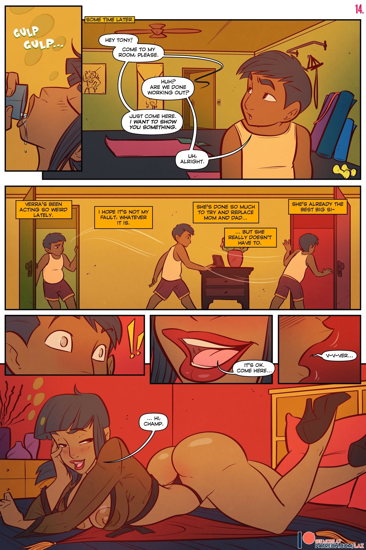 ass, ass up, big ass, big breasts, black hair, breasts, brother and sister, comic, dark skin, dark-skinned female, dark-skinned male, female, high heels, incest, laying down, laz (madefromlazers), legs up, male, mind control, nipples visible through clothing, on bed, red lipstick, robe, seductive, speech bubble, surprised, there goes the neighborhood, thick thighs, thong