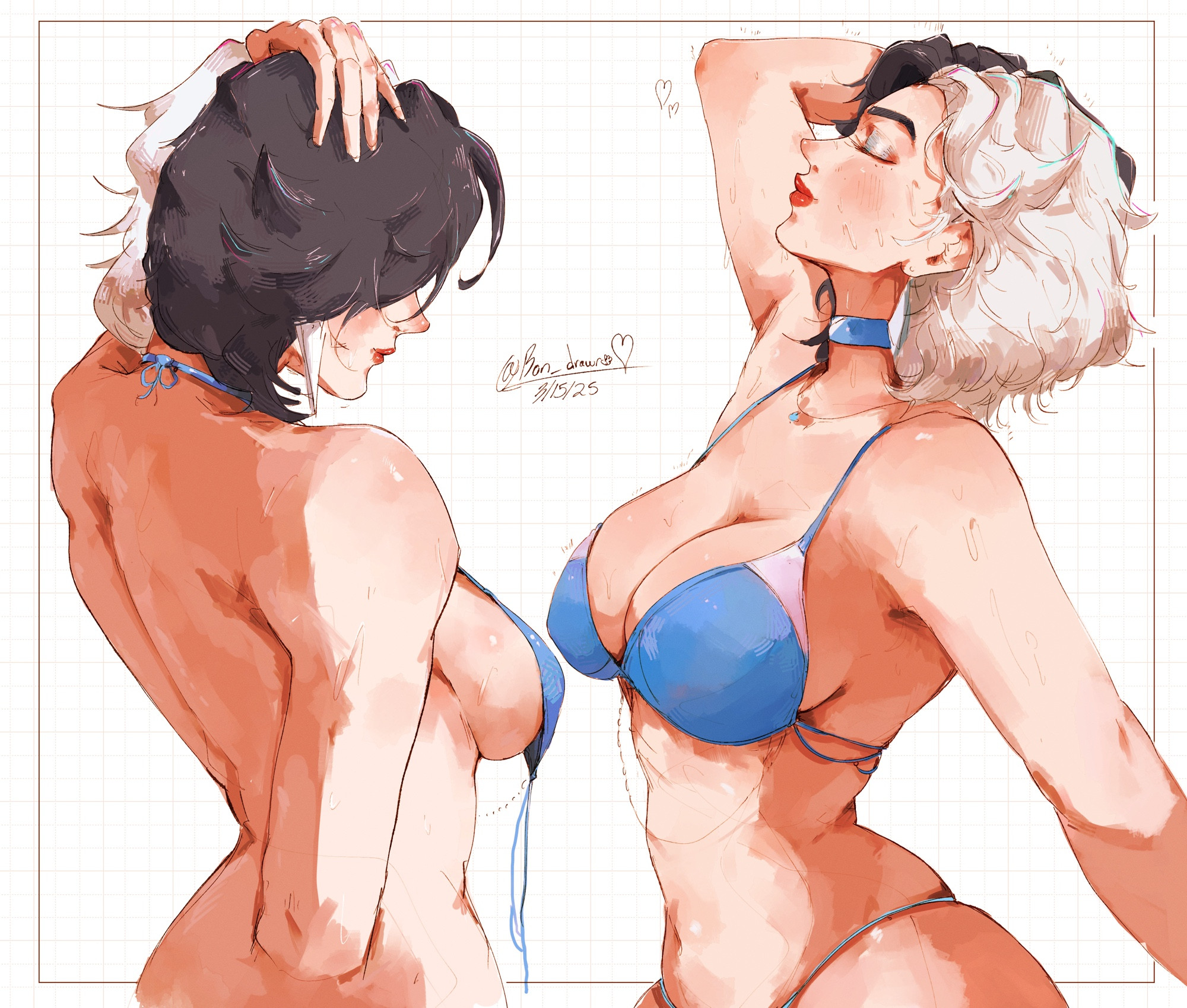 1girls, 2025, 2d, bikini, black hair, bon drawr, bra, breasts, closed eyes, clothed, clothed female, digital media (artwork), female, female only, hand on head, luna snow, luna snow (marvel rivals), marvel, marvel comics, marvel rivals, multicolored hair, no visible genitalia, solo, solo female, white hair