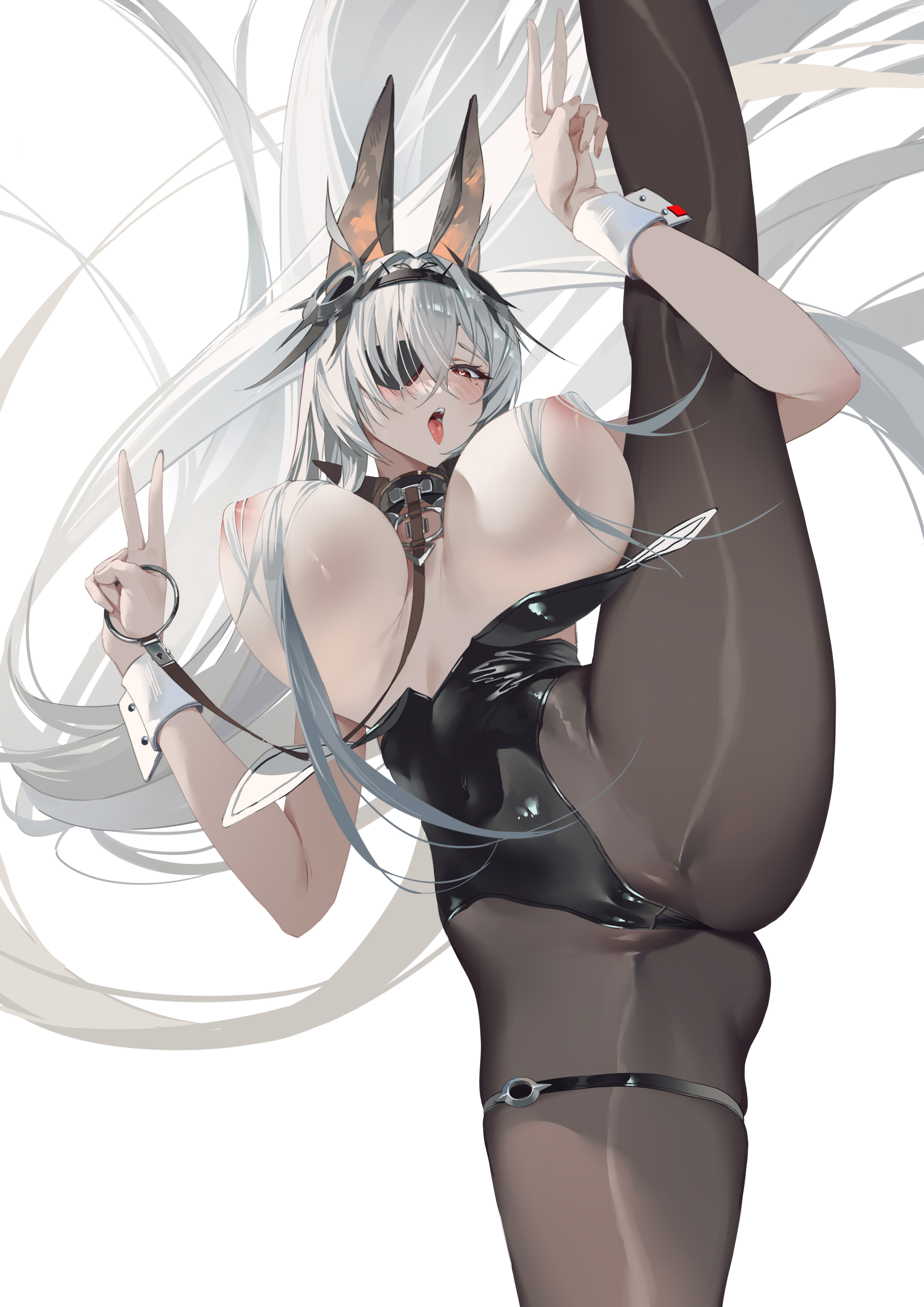 azur lane, breasts, breasts apart, breasts out, cameltoe, collar, exposed breasts, female, fritz rumey (azur lane), huge breasts, leash, leashed collar, leg lift, leotard, nipples, no bra, pantyhose, pussy, thigh strap, tongue, tongue out, topless, v