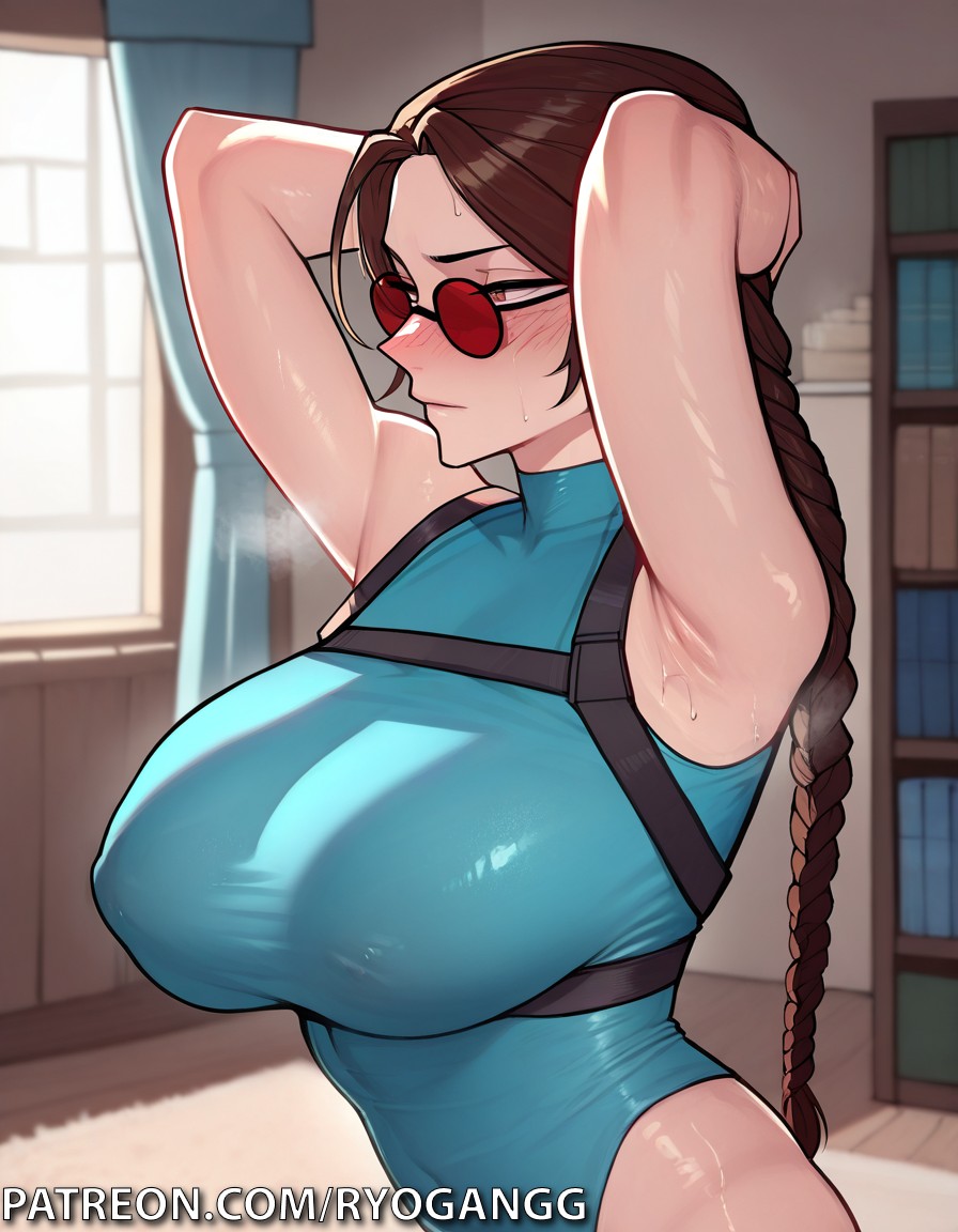 1girls, 2d, ai generated, armpits, arms up, breasts, brown eyes, brown hair, female, lara croft, lara croft (classic), large breasts, long hair, no bra, patreon username, ponytail, ponytails, ryogangg, sunglasses, tank top, tinted eyewear, tomb raider, tomb raider (classic)