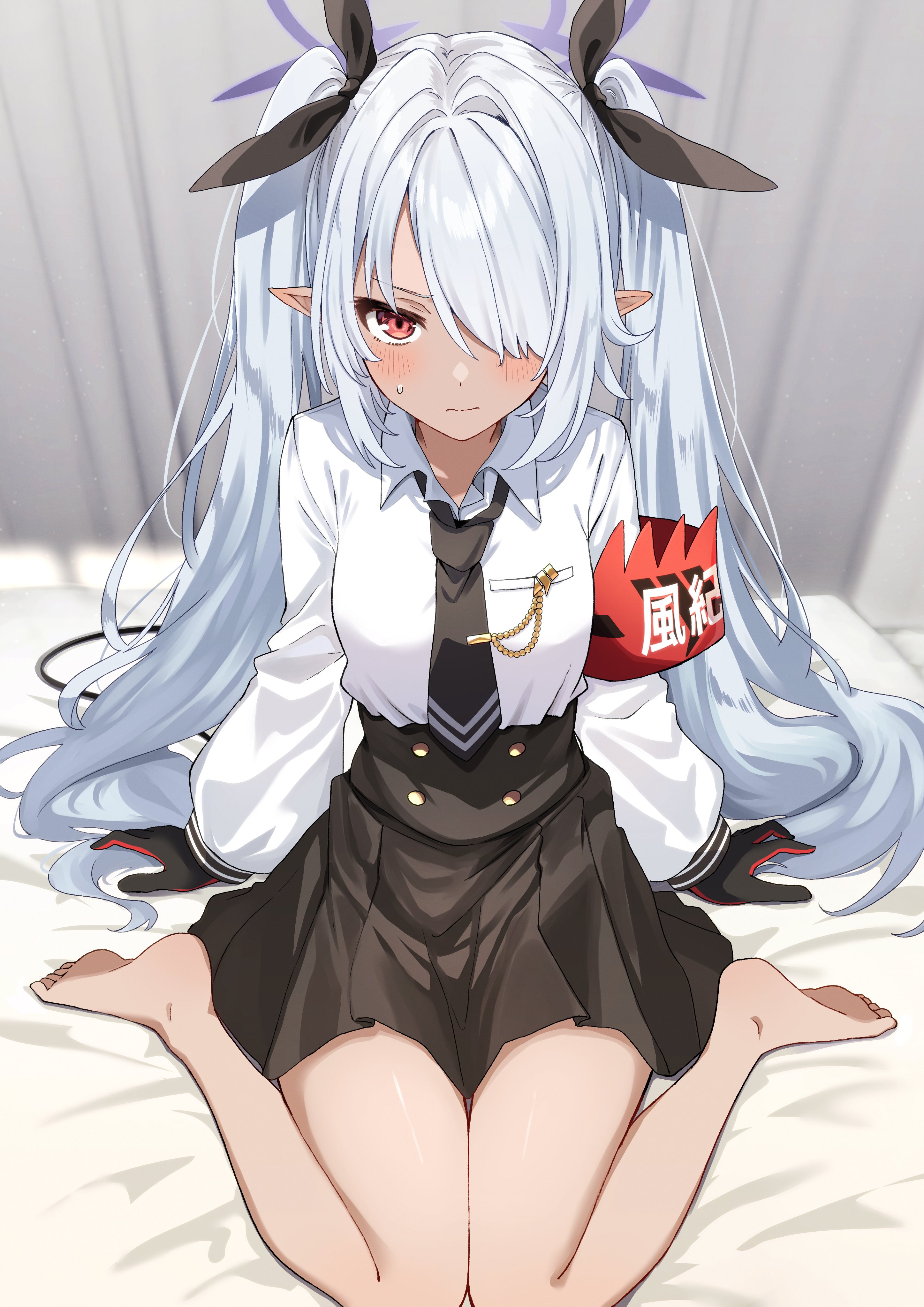 absurdres, armband, barefoot, black bow, black gloves, black necktie, black skirt, blue archive, blush, bow, closed mouth, commentary request, dark skin, dark-skinned female, demon, demon girl, demon tail, female, gloves, grey hair, hair over one eye, hairbow, halo, highres, indoors, iori (blue archive), long hair, looking at viewer, necktie, pointy ears, red armband, red eyes, red gloves, revision, shirt, siokazunoko, sitting, skirt, solo, tail, tie clip, toes, twintails, two-tone gloves, wariza, white shirt