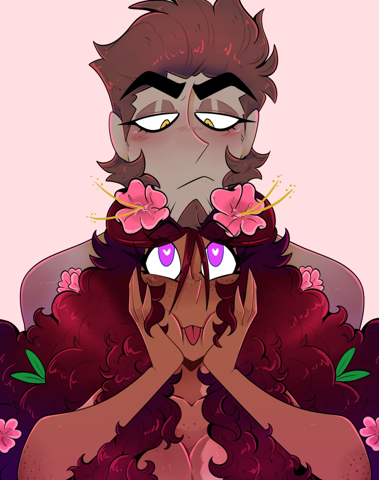 1boy, 1girls, adam (hazbin hotel), alternate version at source, breasts, cleavage, comic cover, eve (hazbin hotel), female, flowers, flowers in hair, gold eyes, hazbin hotel, heart shaped pupils, heart symbol, long hair, long-haired female, magenta eyes, male, naked, silly, silly face, tongue, tongue out, unamused, whiteartblood, wholesome