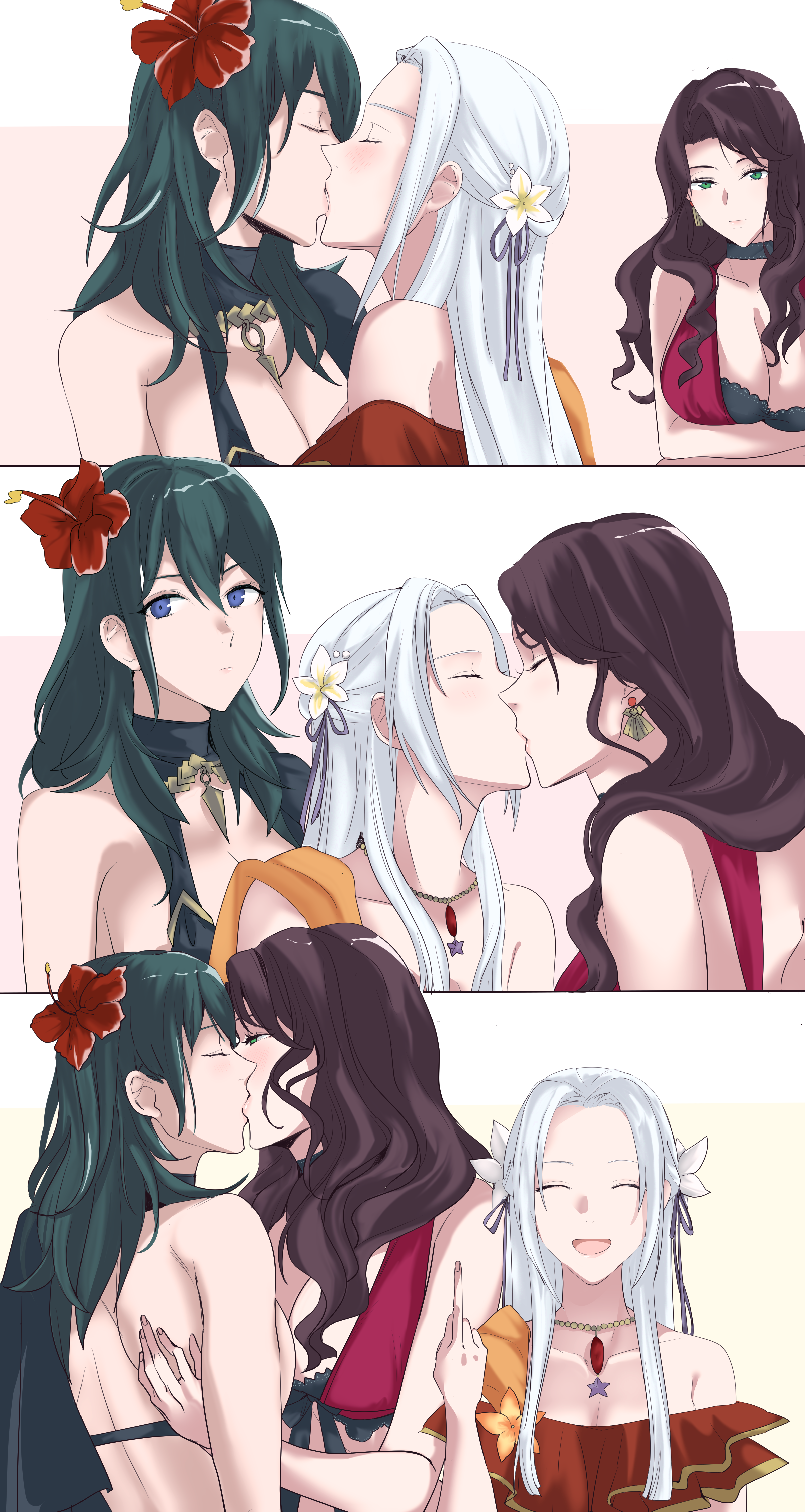 3girls, 4m700kg, blue hair, brown hair, byleth (fire emblem), byleth (fire emblem) (female), dorothea arnault, dorothea arnault (summer), edelgard von hresvelg, edelgard von hresvelg (summer), elite throuple kiss (meme), female, fire emblem, kiss, kissing, lesbian, light skin, light-skinned female, long hair, middle finger, no sex, safe, safe for work, tagme, white hair, yuri
