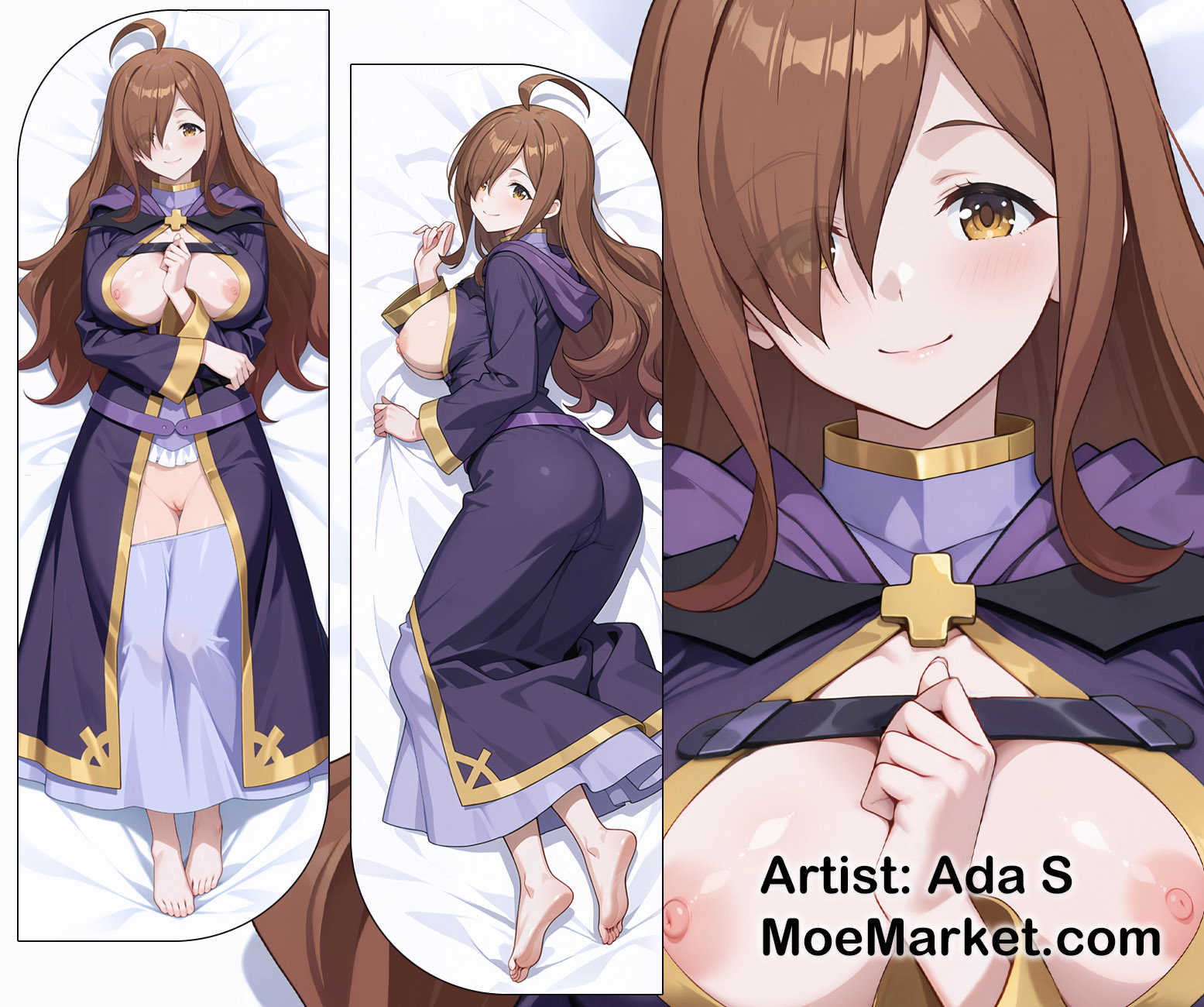 1girls, ada s, ai, ai generated, blush, breasts, breasts out, brown hair, dakimakura, dakimakura design, faithful to the anime, feet, female, kono subarashii sekai ni shukufuku wo!, long hair, looking at viewer, nipples, pussy, solo, toes, uncensored, wiz (konosuba)