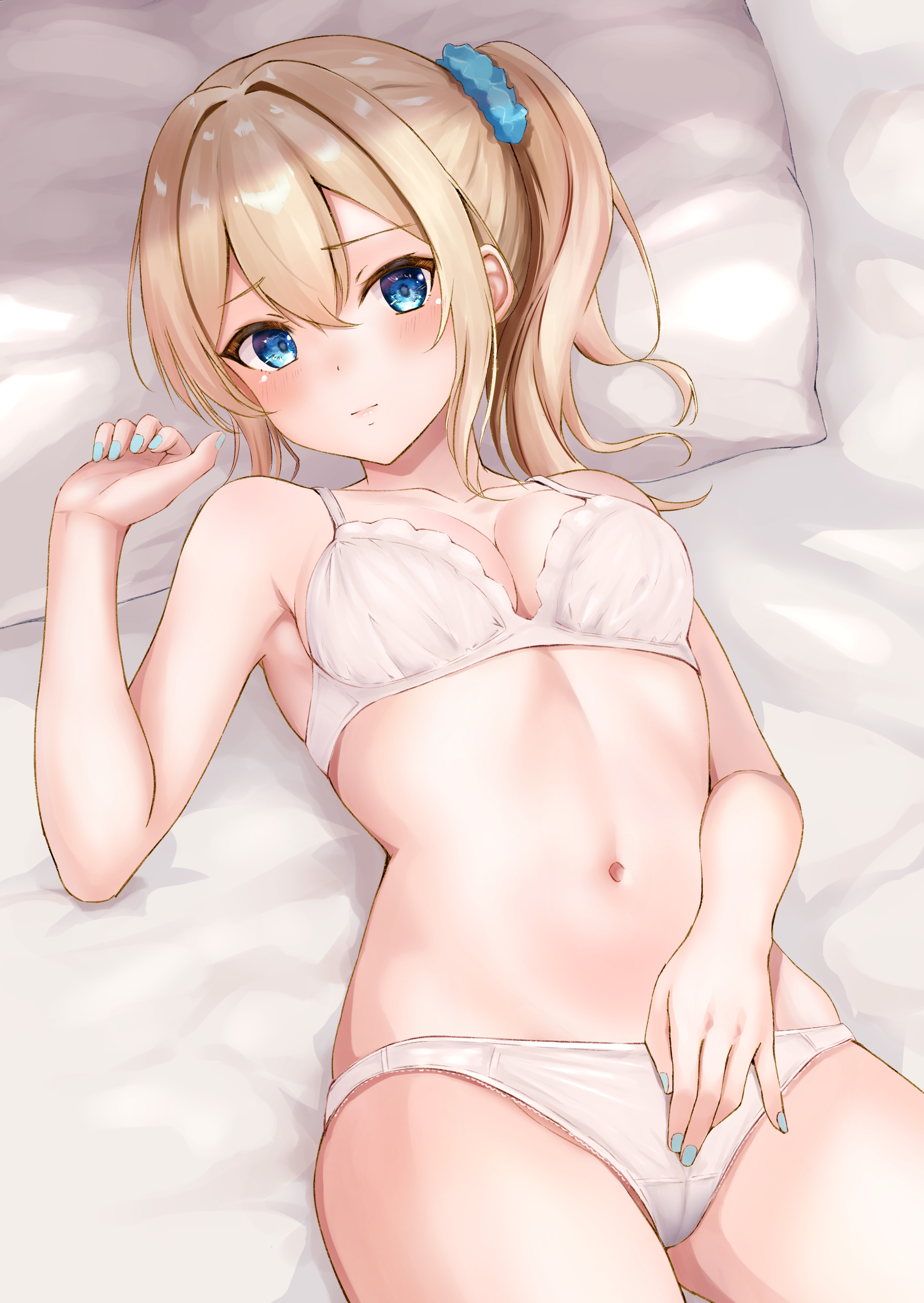 1girls, absurdres, aqua nails, bed sheet, belly button, blonde hair, blue eyes, blue nails, blue scrunchie, blush, bra, breasts, ca paria, cleavage, closed mouth, commentary request, female, hair between eyes, hayasaka ai, highres, kaguya-sama wa kokurasetai ~tensai-tachi no renai zunousen~, long hair, lying, medium breasts, nail polish, navel, on back, paid reward available, panties, pillow, scrunchie, side ponytail, solo, stomach, underwear, underwear only, white bra, white panties