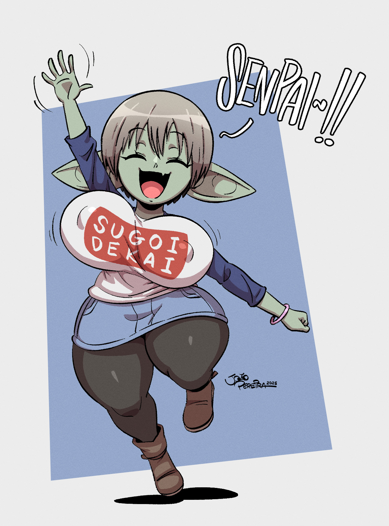 1girls, big breasts, boots, breasts, busty, closed eyes smile, clothing, dialogue, female, female only, goblin, goblin female, green skin, grey hair, huge breasts, joaoppereiraus, large breasts, leggings, long sleeves, nipple bulge, pantyhose, shirt, shortstack, skirt, solo, sugoi dekai, talking to viewer, text, text on clothing, thick thighs, uzaki hana, uzaki-chan wa asobitai!, waving, wide hips