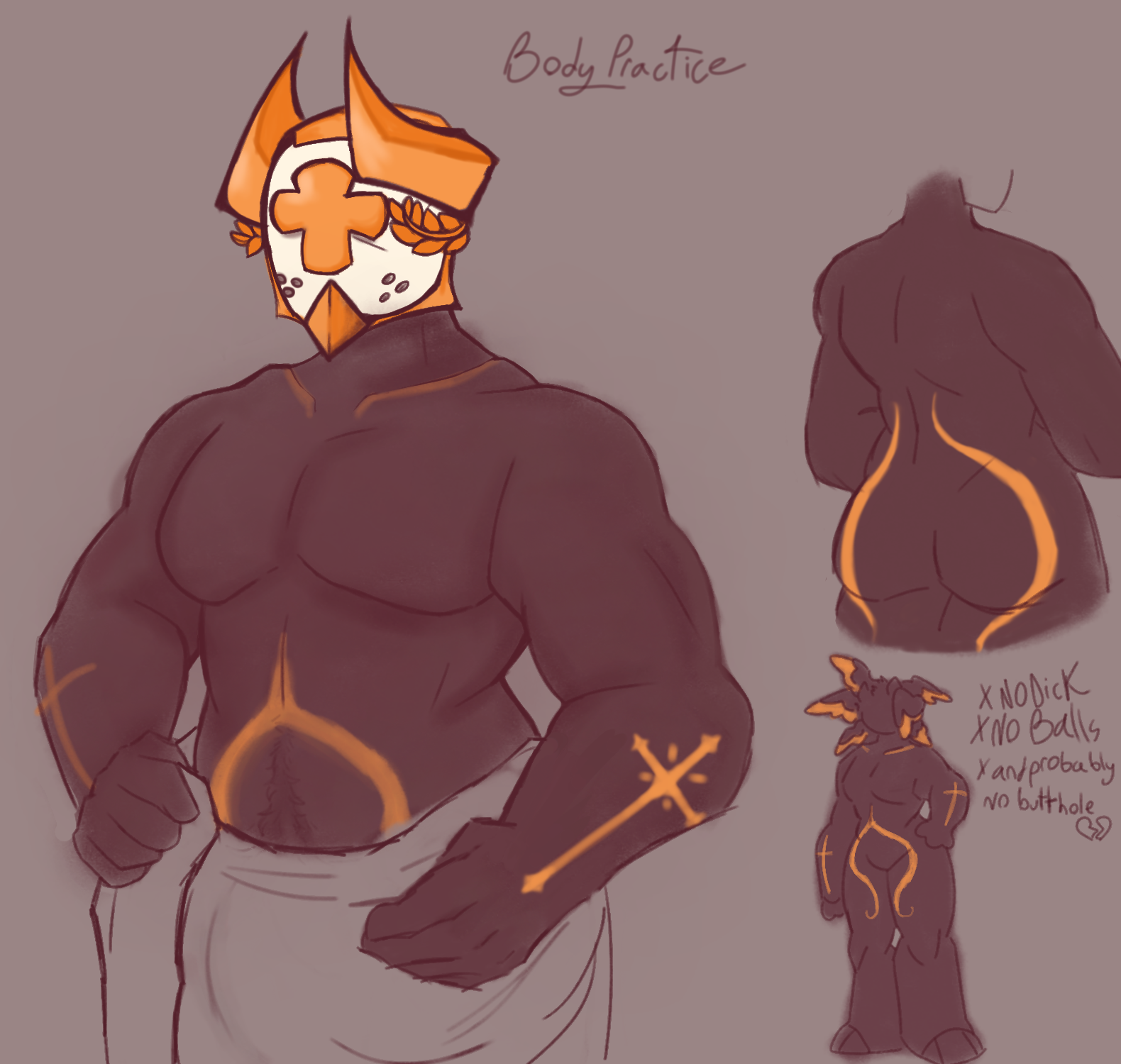 angel, armor, black body, black skin, body markings, christian cross, chubby male, cross, exposed ass, gabriel (ultrakill), happy trail, helmet, horns, humanoid, idk what to tag it, male, male focus, male only, muscular, new blood interactive, notghosteye, nude, nude male, towel, towel around waist, ultrakill